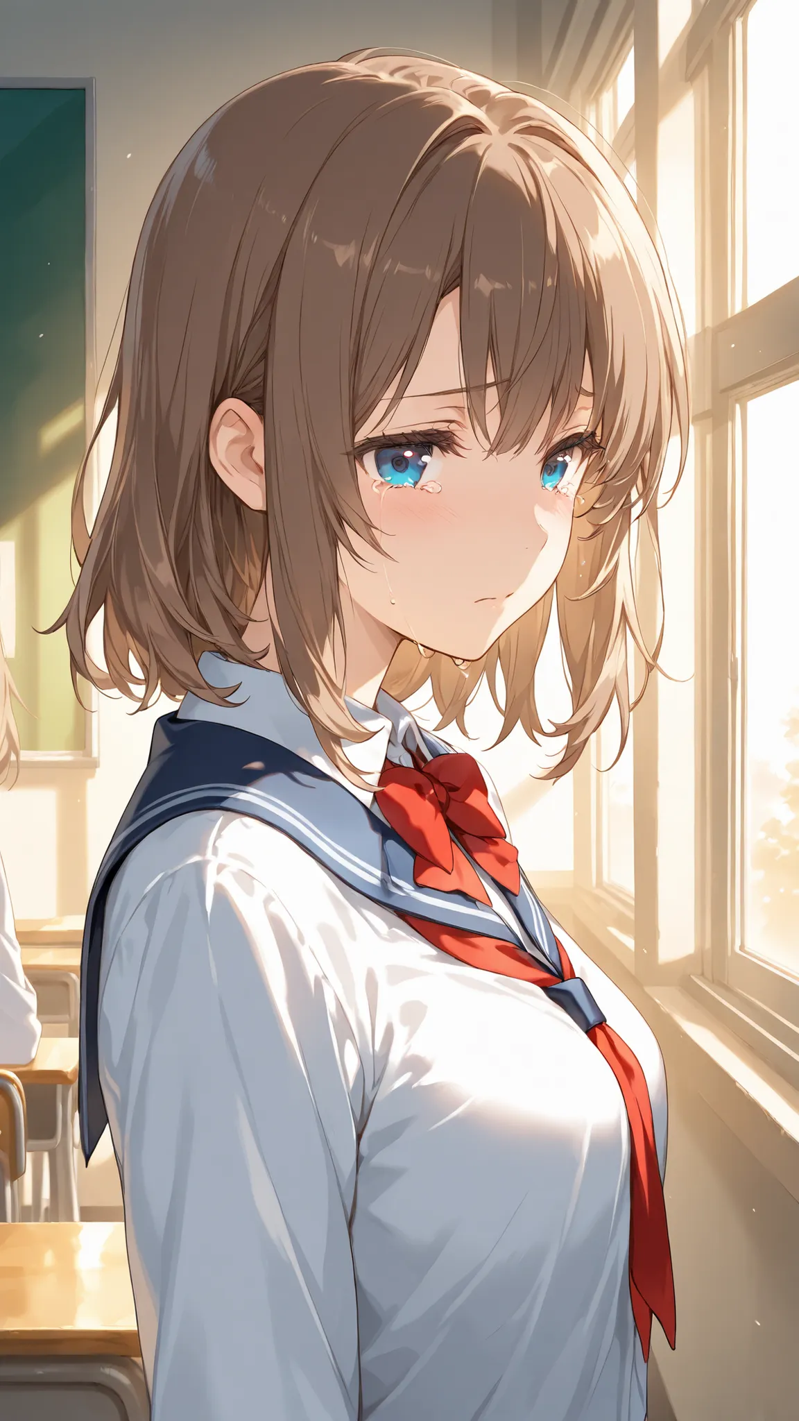 ((best quality)), ((masterpiece)), (detailed), 1girl, solo, sad tears, A high school boy, with a small and delicate build, Slightly wavy brown hair, and a face that still retains a bit of a childish look (seen from the side:1.2), He has kind, but unsure do...
