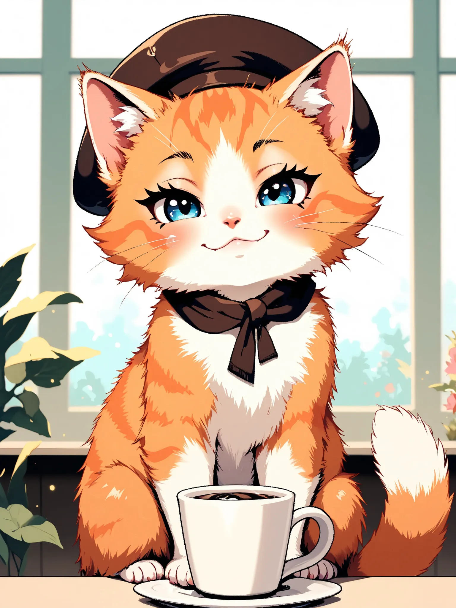 masterpiece, good quality, amazing quality, very aesthetic, anime, highres, absurdres, 16K resolution. | Kitten with fluffy orange fur, wearing female french beret, sitting next to a coffee mug, sweet smug expression in a cafe table. Miao_Kitten.