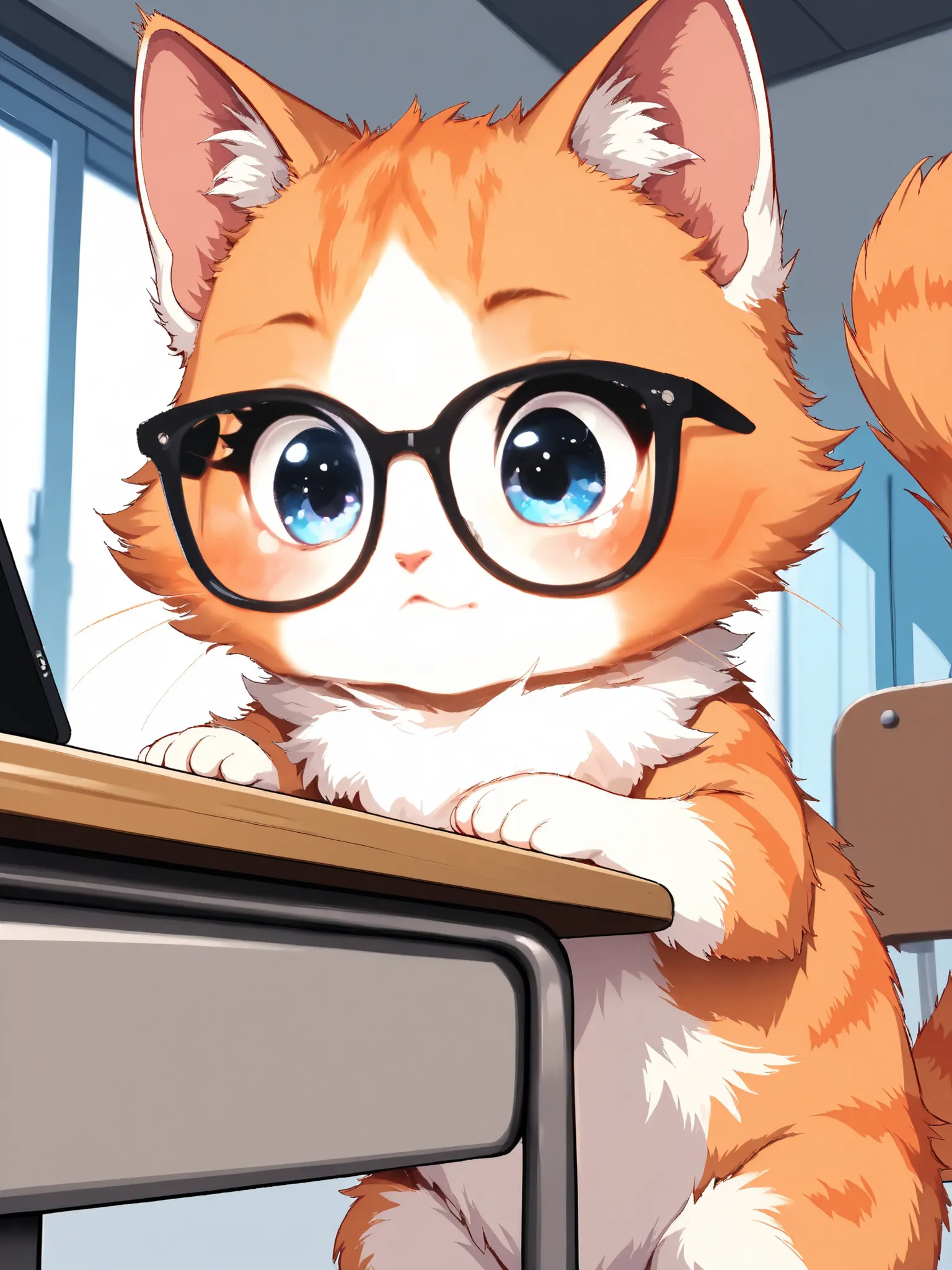 masterpiece, good quality, amazing quality, very aesthetic, anime, highres, absurdres, 16K resolution. | Kitten with fluffy orange fur, wearing glasses, scrolling a smart phone, amazed expression in a study desk. Miao_Kitten.
