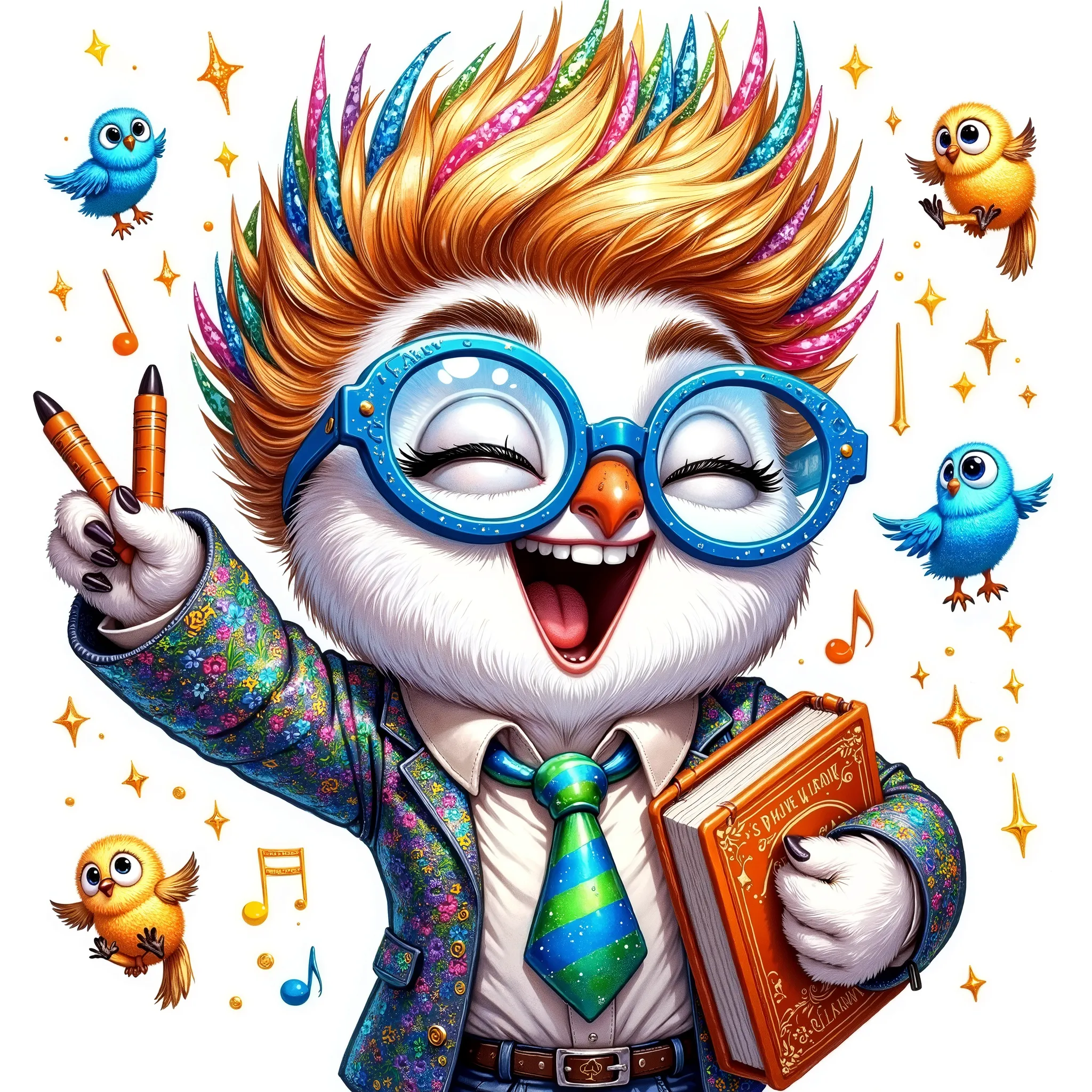 (extremally detailed hi-rez: 1.5) a quirky crazy happy expressive emotions by pixarand Zootopia,glossing vibrant vivid, color-metallicgoldlines-inkblacklines, watercolor with clear contours, single very cute flirtous 15years Hedwig white polar owlteenager ...