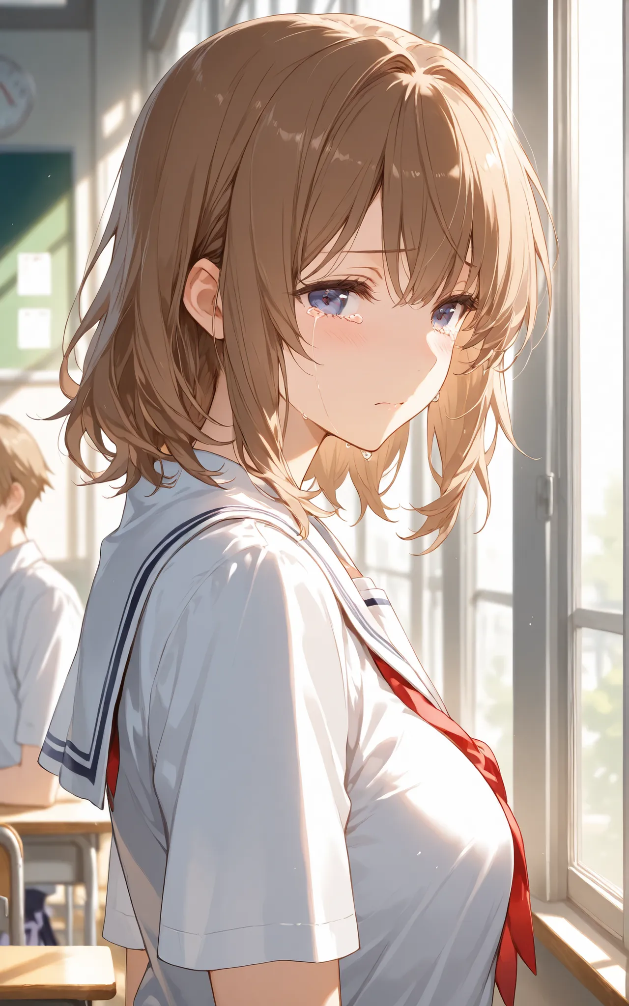 ((best quality)), ((masterpiece)), (detailed), 1girl, solo, sad tears, A high school boy, with a small and delicate build, Slightly wavy brown hair, and a face that still retains a bit of a childish look (seen from the side:1.2), He has kind, but unsure do...