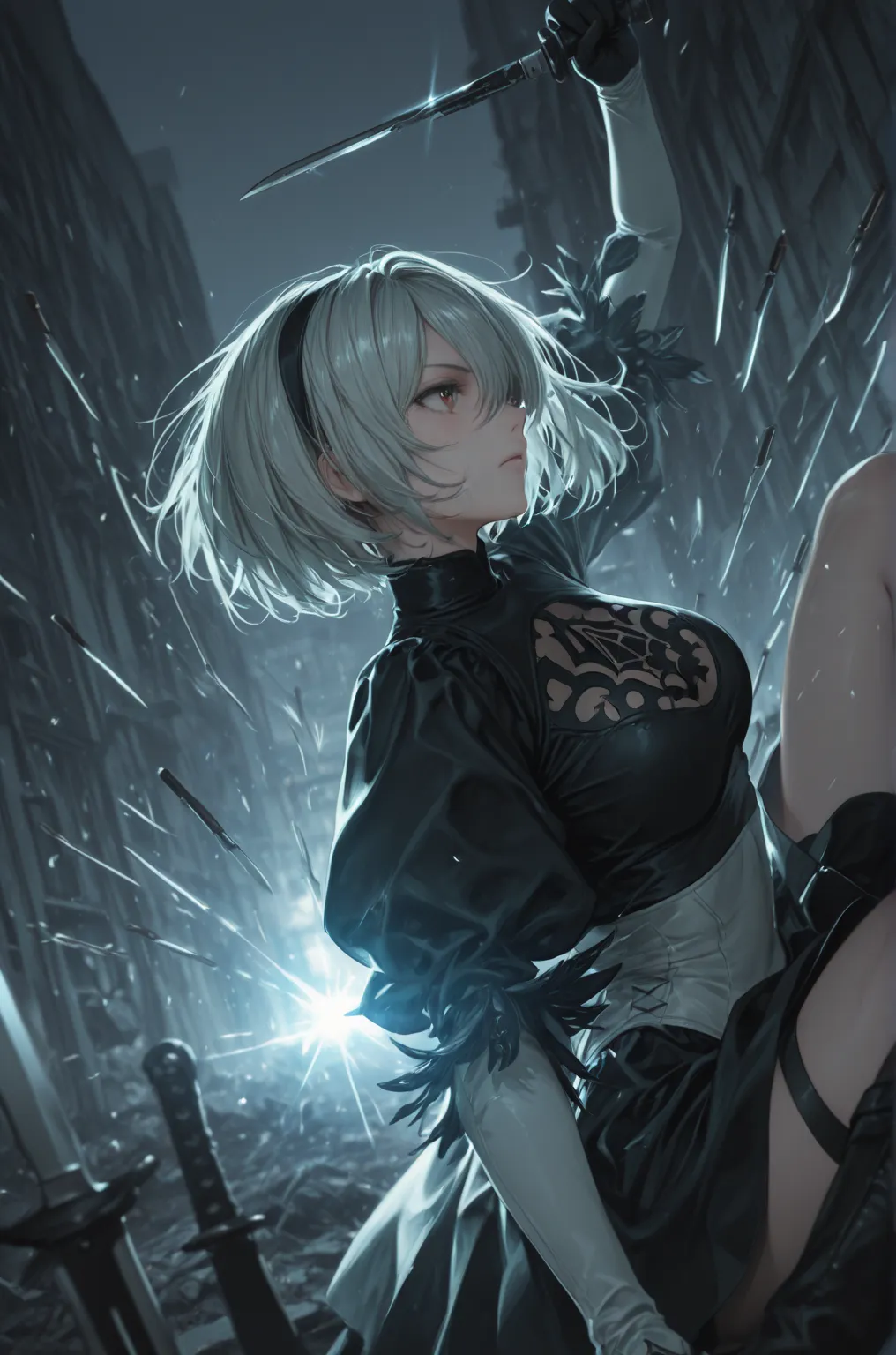 yoruha、2B,(gray hair ，chest，  beautiful  )，top quality, masterpiece, high resolution, 1 girl，ローングソードknivesの輝き，Diffuse Gradience Armor，Broad Spectrum Gradien B，Intense Light Effects Surrounding a Girl，((Combat，Accumulation Force，knives，Dynamic Lens ，dynamic movement))，風はknivesを振るう感覚と勢いを放射する，(2B)，blurred background，glittering，vivid colors,Heaven Effect,reality, Dark Studio,  Edge lighting , two-tone light,(high-detail skins:1.2),Dynamic Scenes、Pods、The background is an abandoned city 
