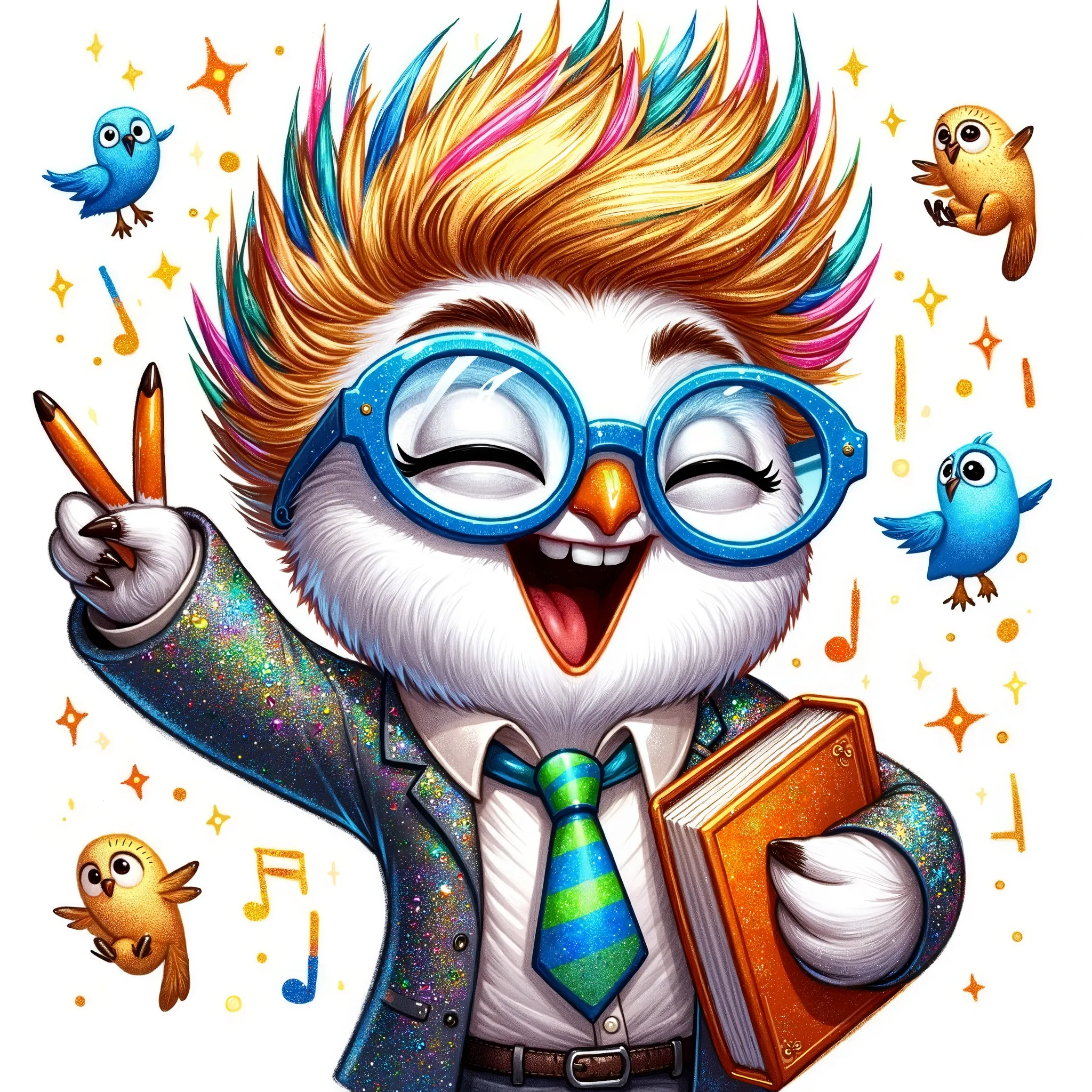 (extremally detailed hi-rez: 1.5) a quirky crazy happy expressive emotions by pixarand Zootopia,glossing vibrant vivid, color-metallicgoldlines-inkblacklines, watercolor with clear contours, single very cute flirtous 15years Hedwig white polar owlteenager ...