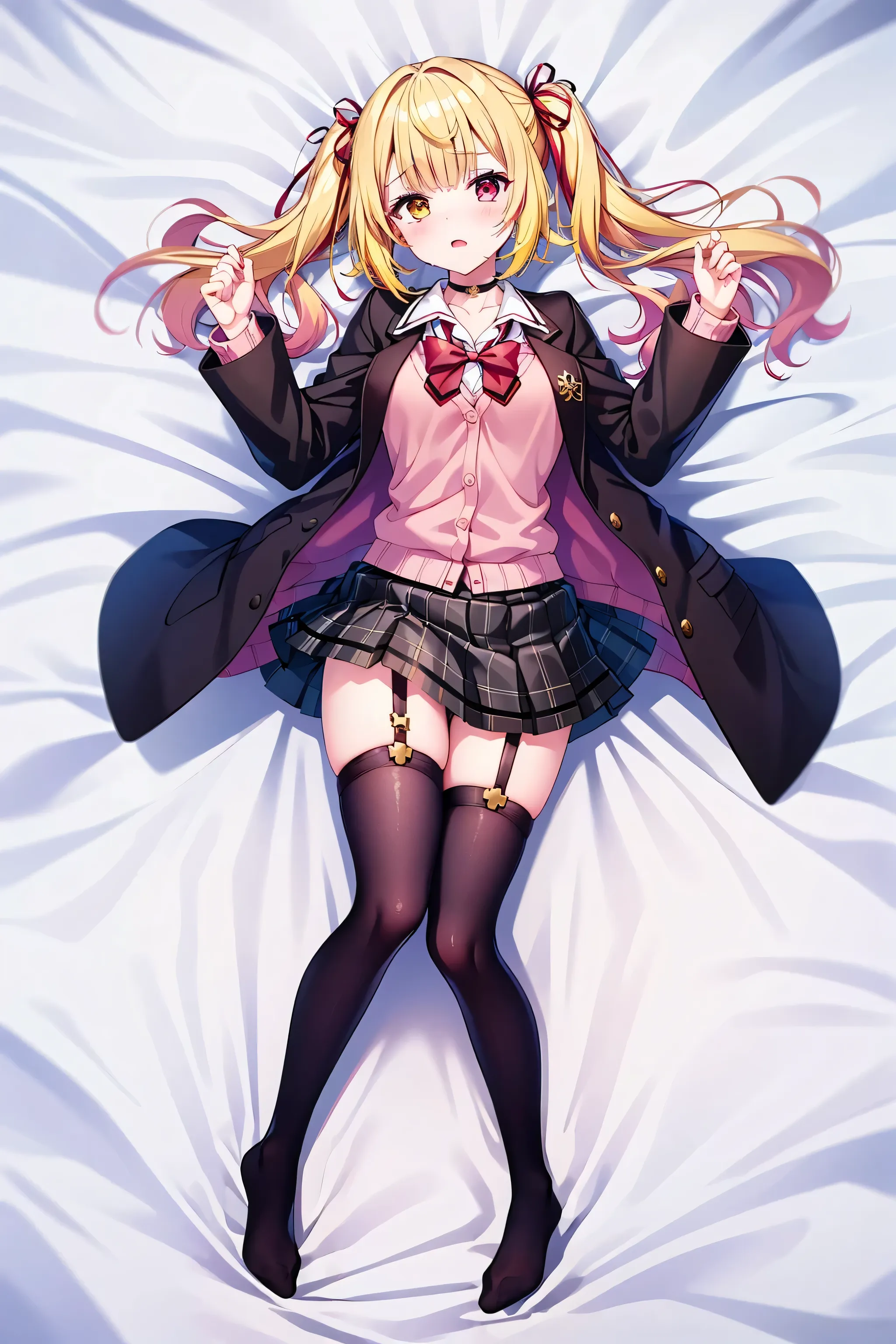 1 person, Red Eyes, Yellow Eyes, Blonde, twin tails, Medium Hair, hair bow, pink cardigan, Dark Brown Blazer, black thigh high socks, plaid skirt , black choker, garter belt, school uniform, white sheets, Lie on your back, Embarrassing, Red cheeks, Seduci...