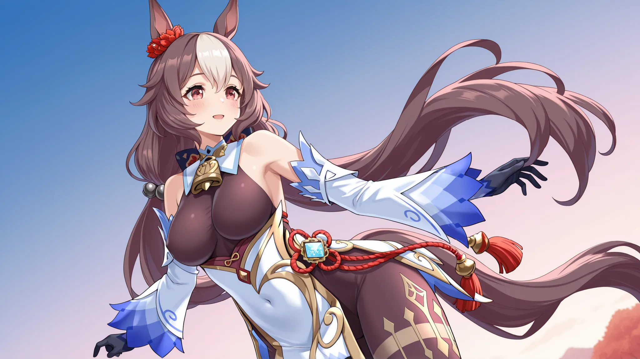 yamanin zephyr（Uma Musume）, Uma Musume, solo, [top quality], [Super beautiful CG], [Highly Detailed CG], [Super Detailed], [CG illustration], [high resolution], [extremely delicate and beautiful],  very detailed skin, Medium Breasts,  genshin ganyu cosplay...