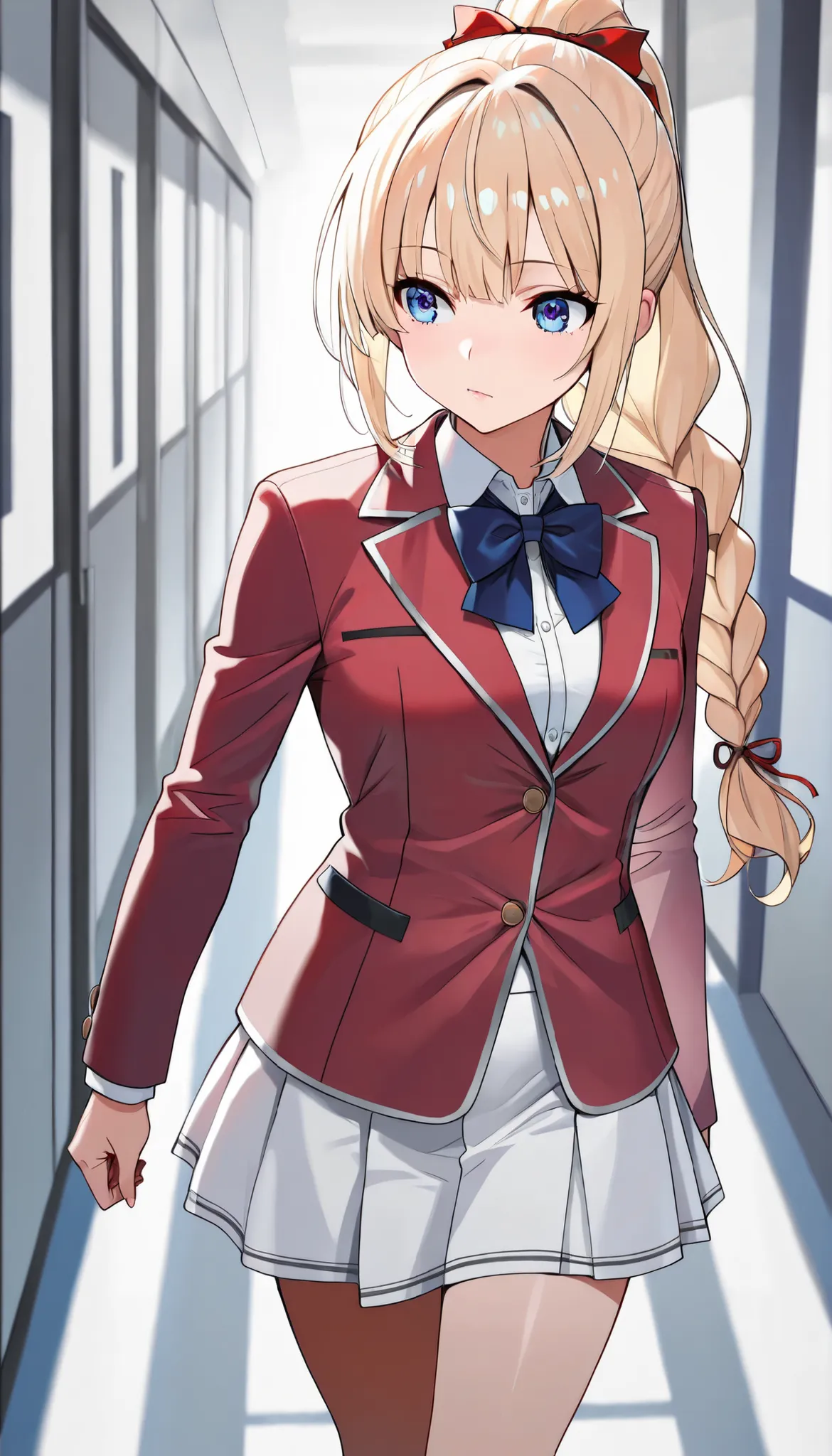 masterpiece, best quality, highres, ponytail hair, (single braid:1.2), hair ribbon, red blazer,buttoned blazer, blue bowtie, long sleeves, white skirt,walking ,school corridor ,cowboy shot, closed mouth, glossy lips 