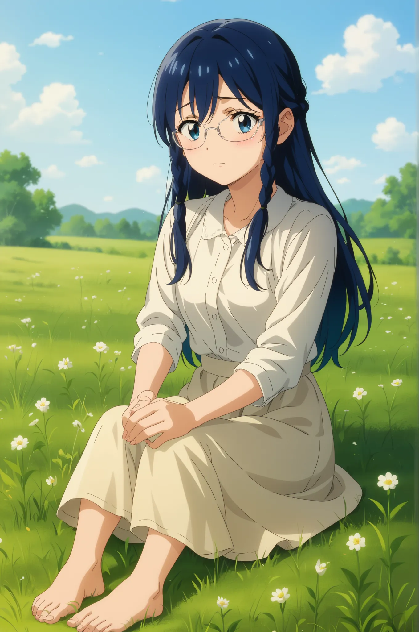 Anime-style intelligent and gentle girl with long deep blue hair, styled in twin side braids with loose strands, wearing a white button-up blouse and a soft cream-colored long skirt. She has a slightly shy but warm expression, as if caught mid-conversation...