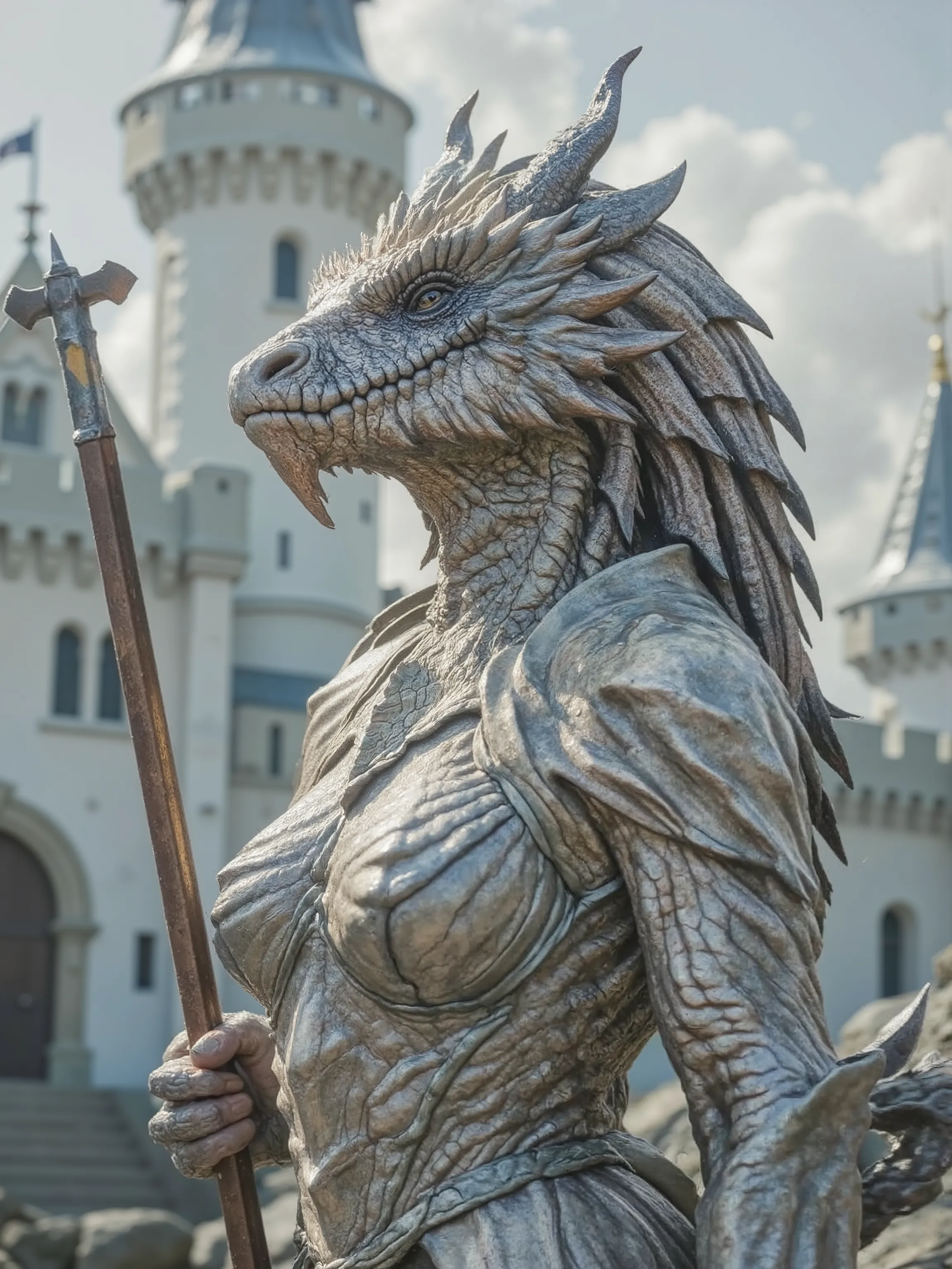 full body portrait, Beautiful and Brave Humanoid Dragon Female Warrior, Sparkling Scales, Sharp Claws and Fangs, Long Tail,  Dragon Horn, beautiful eyes, Light Armor, Long Majestic Spear, Battle Stance, Rin々Expression, Resolute Gaze, Flexible Muscles, Eleg...