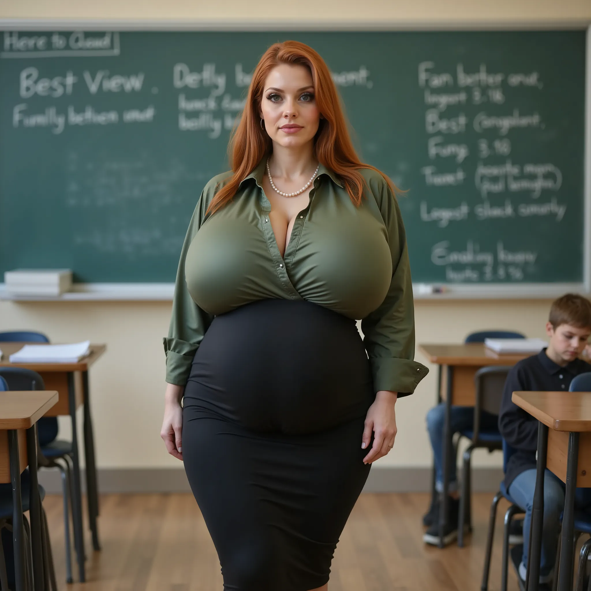 Beautiful teacher,  mature woman (((35 YEARS old))). ((Very pregnant)) walking through the classroom, serious face expression, looking exhausted, tired, worn out, white-skinned woman, beautiful face,  Red hair, beautiful messy very very long hair, hair fal...