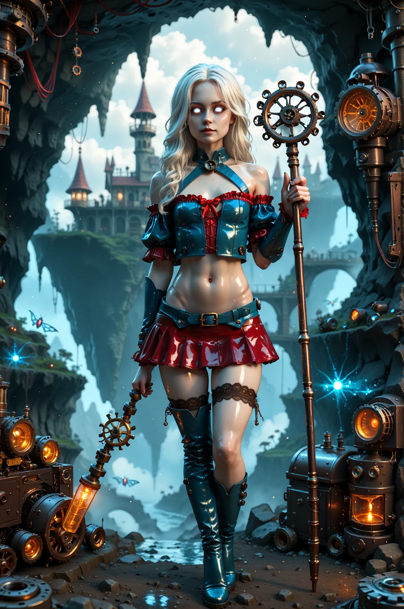 NeonPal_PDXL,CyberRealistic_Negative_PONY,thigh boots, single thighhigh, revealing clothes, ribbon , Changeling, dnd race, blue leather, solo, portret, white hair, long hair, Changeling, fluffy, grei eyes, wnite eyes, Changeling, white skin, shiny skin,  s...
