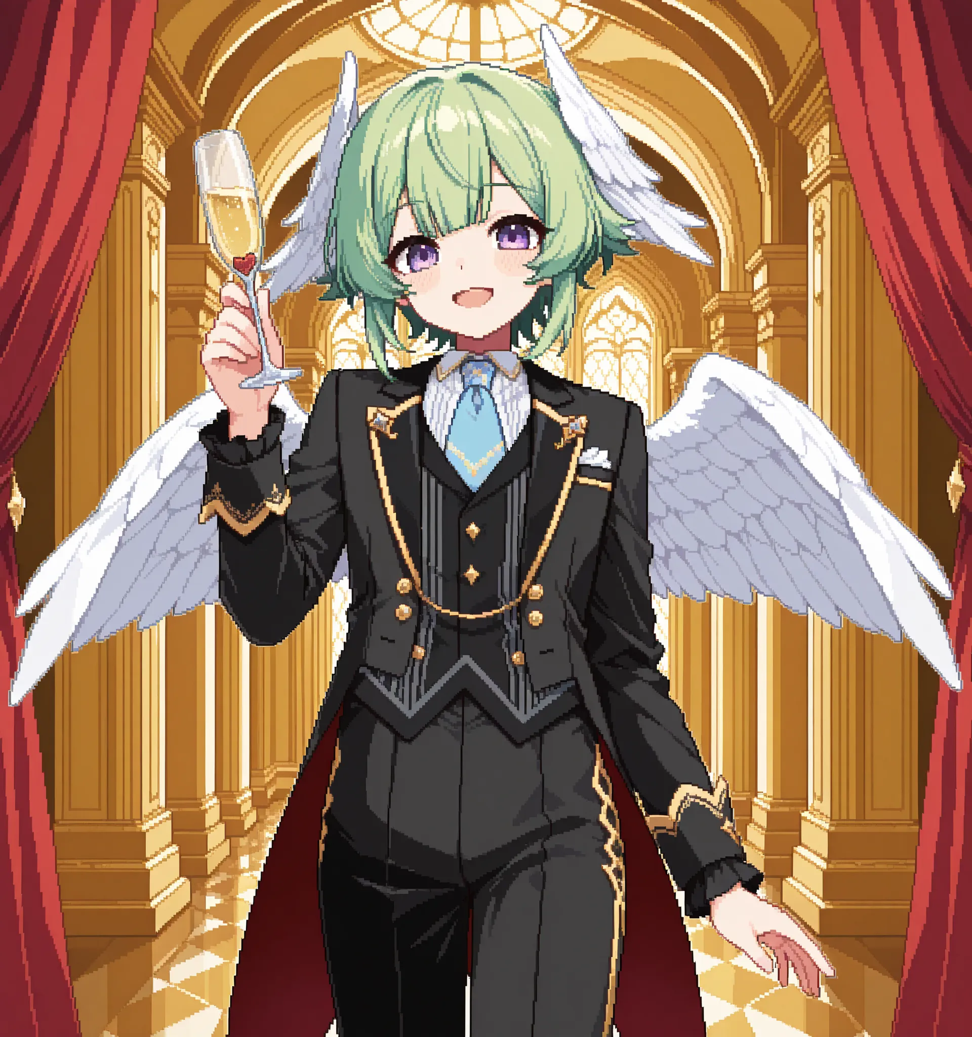 score_9, score_8_up, score_7_up, source_anime, androgynus , solo, pixel art, cupid, 1boy, solo, otoko_no_ko BREAK
Green hair, bangs, purple eyes, young boy BREAK
Formal clothes, black outfit, head wings, feathered wings BREAK
Formal outfit, black out...