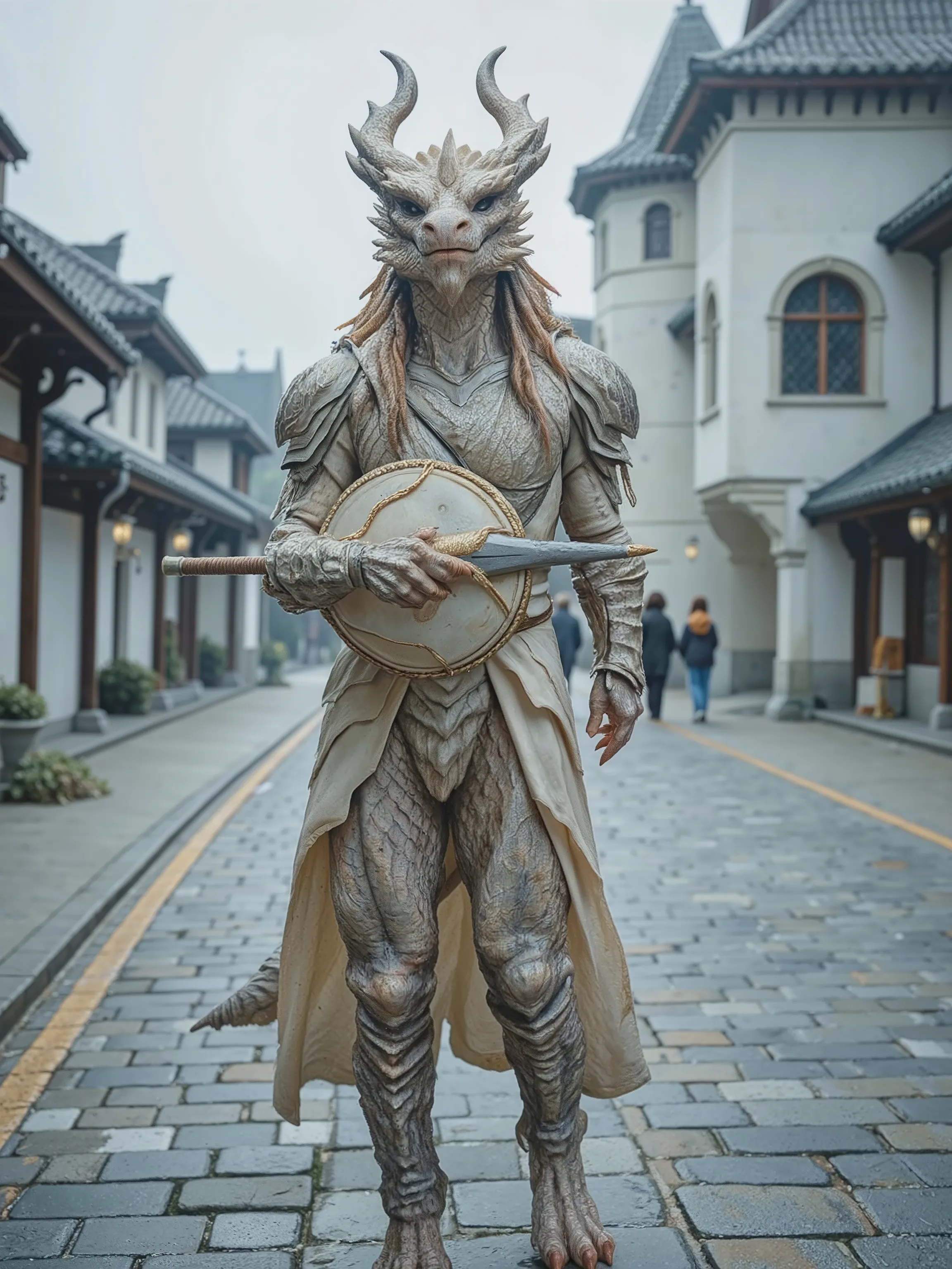 full body portrait, On the cobblestones, Beautiful and Brave Humanoid Dragon Female Warrior,Dragon's Head and Body, Sparkling Scales, Sharp Claws and Fangs, Taikou's strong foot, Long Tail,  Dragon Horn, beautiful eyes, Light Armor, Long Majestic Spear, Ba...