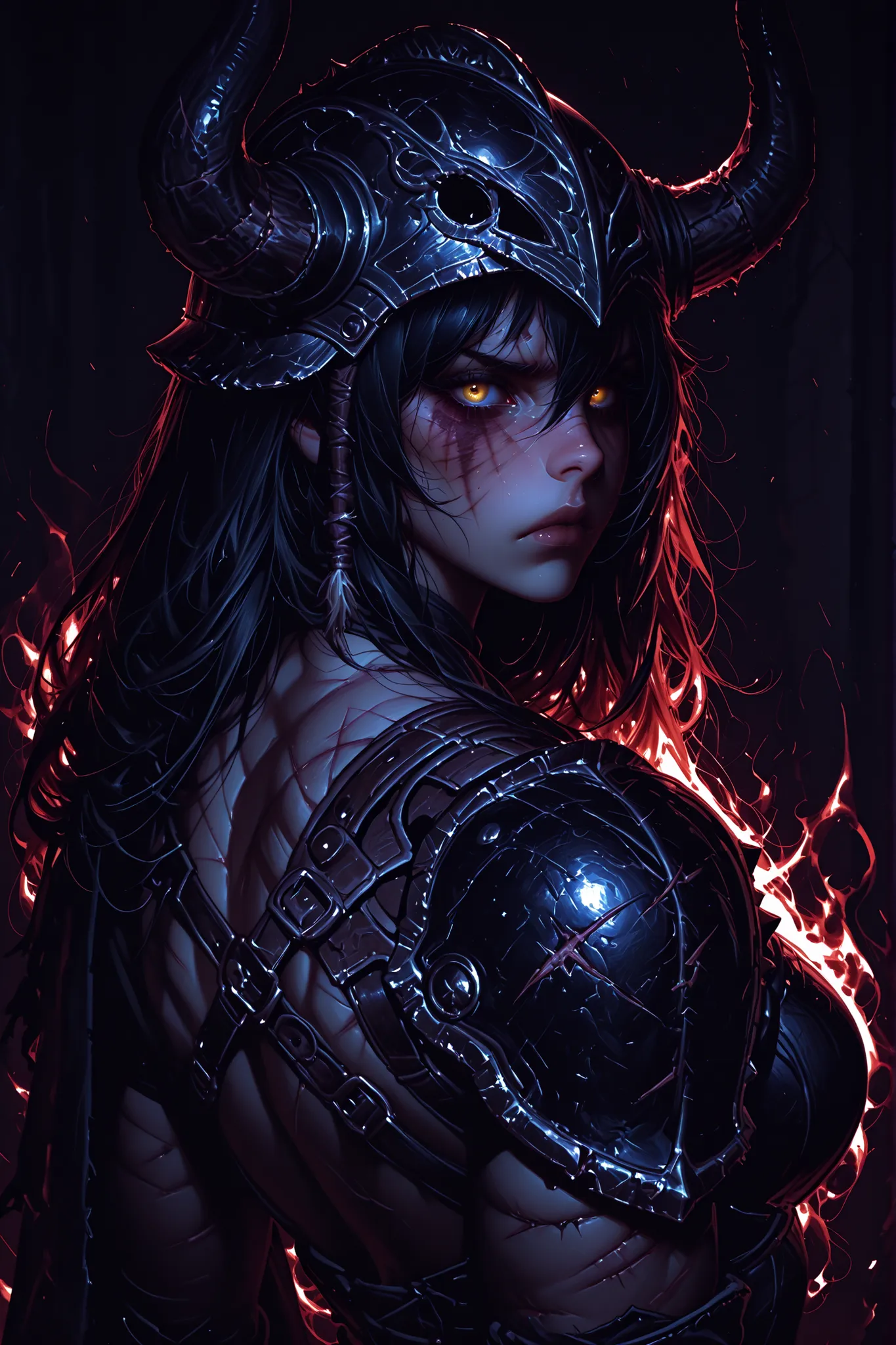 a barbarian warrior, with a beautiful face marked with scars, in a back pose where you can see the muscles of her back without losing her sexy appearance, with scars, wearing detailed and tight leather armor, and a horned helmet, her facial expression is a...