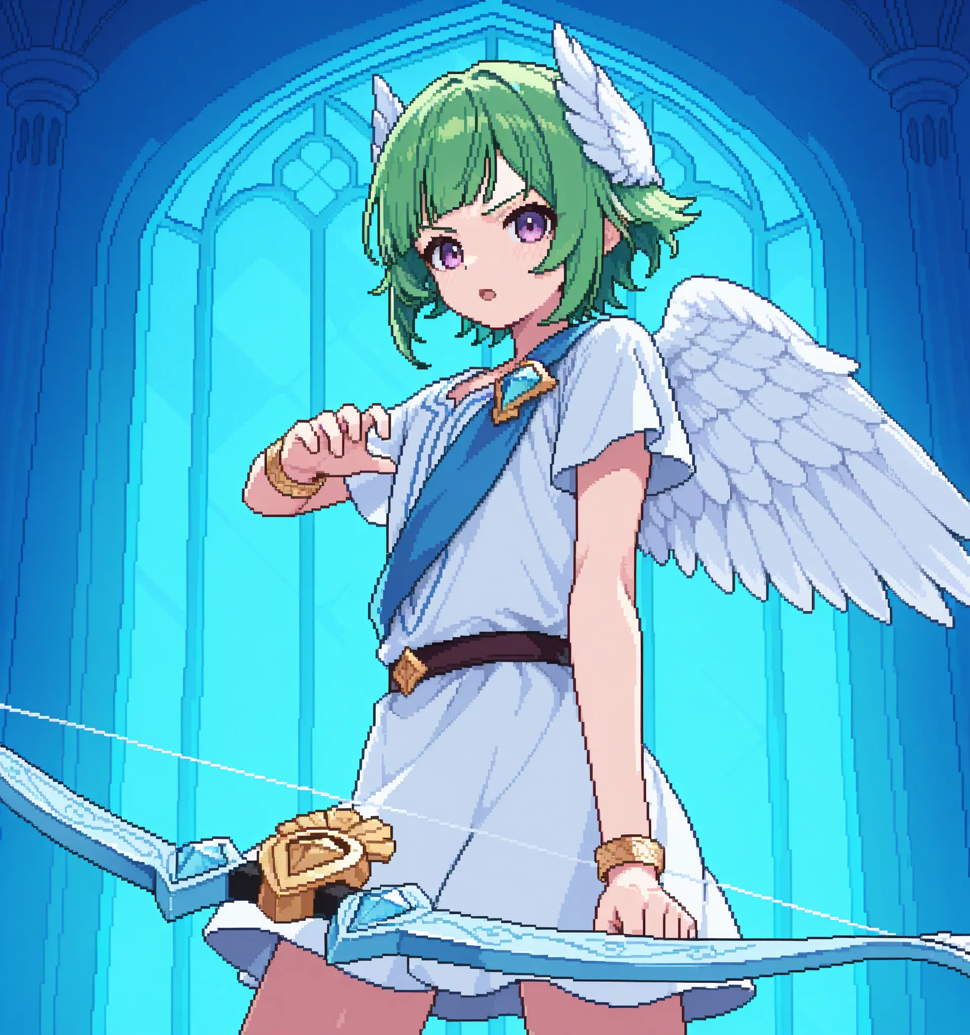 score_9, score_8_up, score_7_up, source_anime, androgynus , solo, pixel art, cupid, 1boy, solo, otoko_no_ko BREAK
Green hair, bangs, purple eyes, young boy BREAK
Greek clothes, white outfit, angel wings, head wings, bracelet, feathered wings BREAK
Lo...