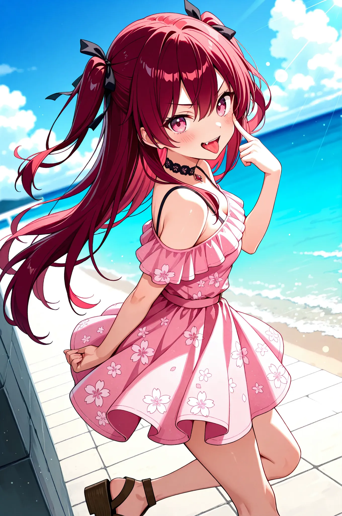 1girl ,blush ,open mouth ,fang ,upper teeth only ,hair between eyes ,hair ribbon ,long hair ,looking at viewer ,pink eyes ,dark red hair ,smile ,small breasts ,solo ,two side up ,v-shaped eyebrows ,akanbe ,closed mouth ,eyelid pull ,hand up ,tongue ,tongue...