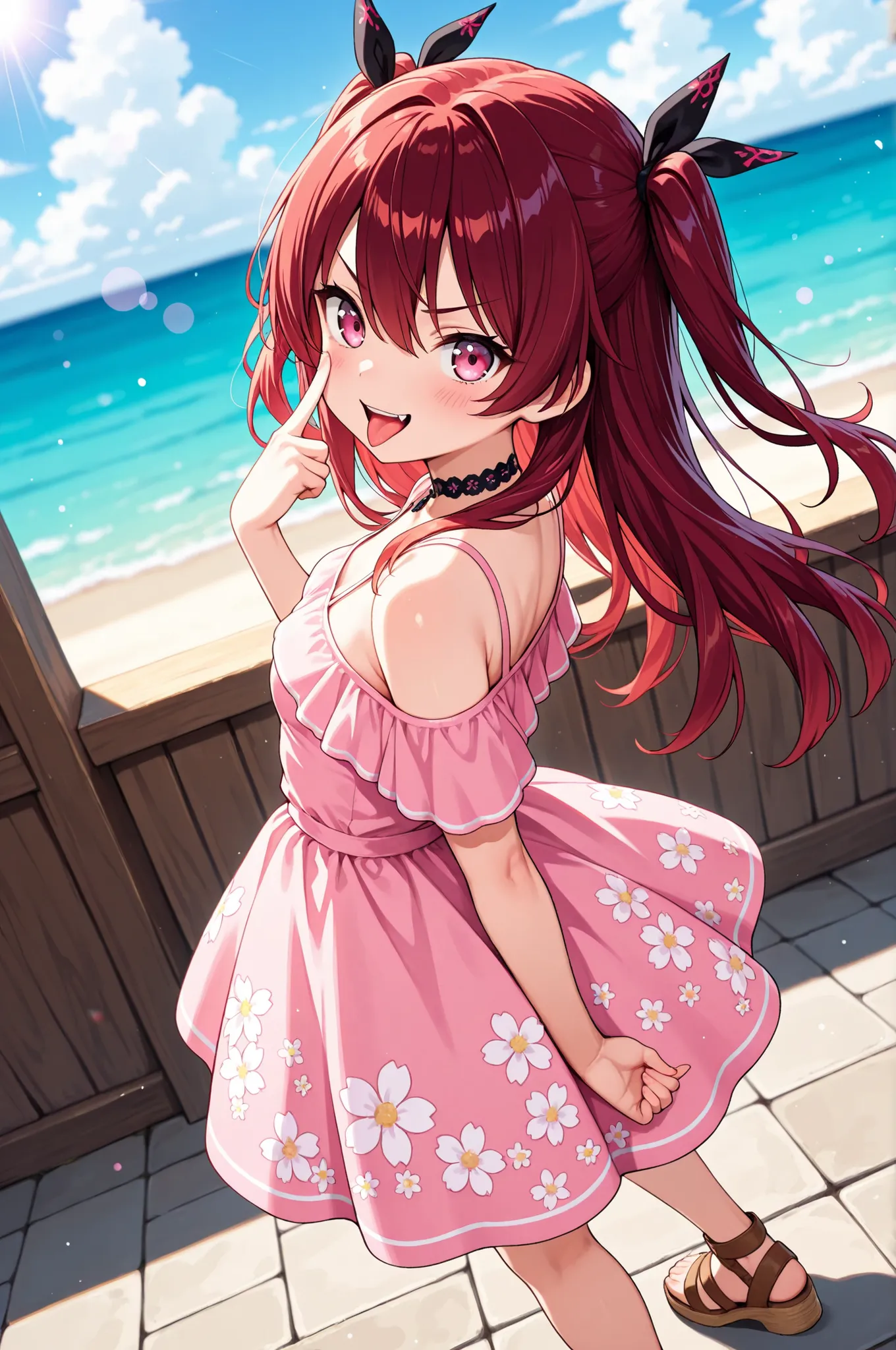 1girl ,blush ,open mouth ,fang ,upper teeth only ,hair between eyes ,hair ribbon ,long hair ,looking at viewer ,pink eyes ,dark red hair ,smile ,small breasts ,solo ,two side up ,v-shaped eyebrows ,akanbe ,closed mouth ,eyelid pull ,hand up ,tongue ,tongue...