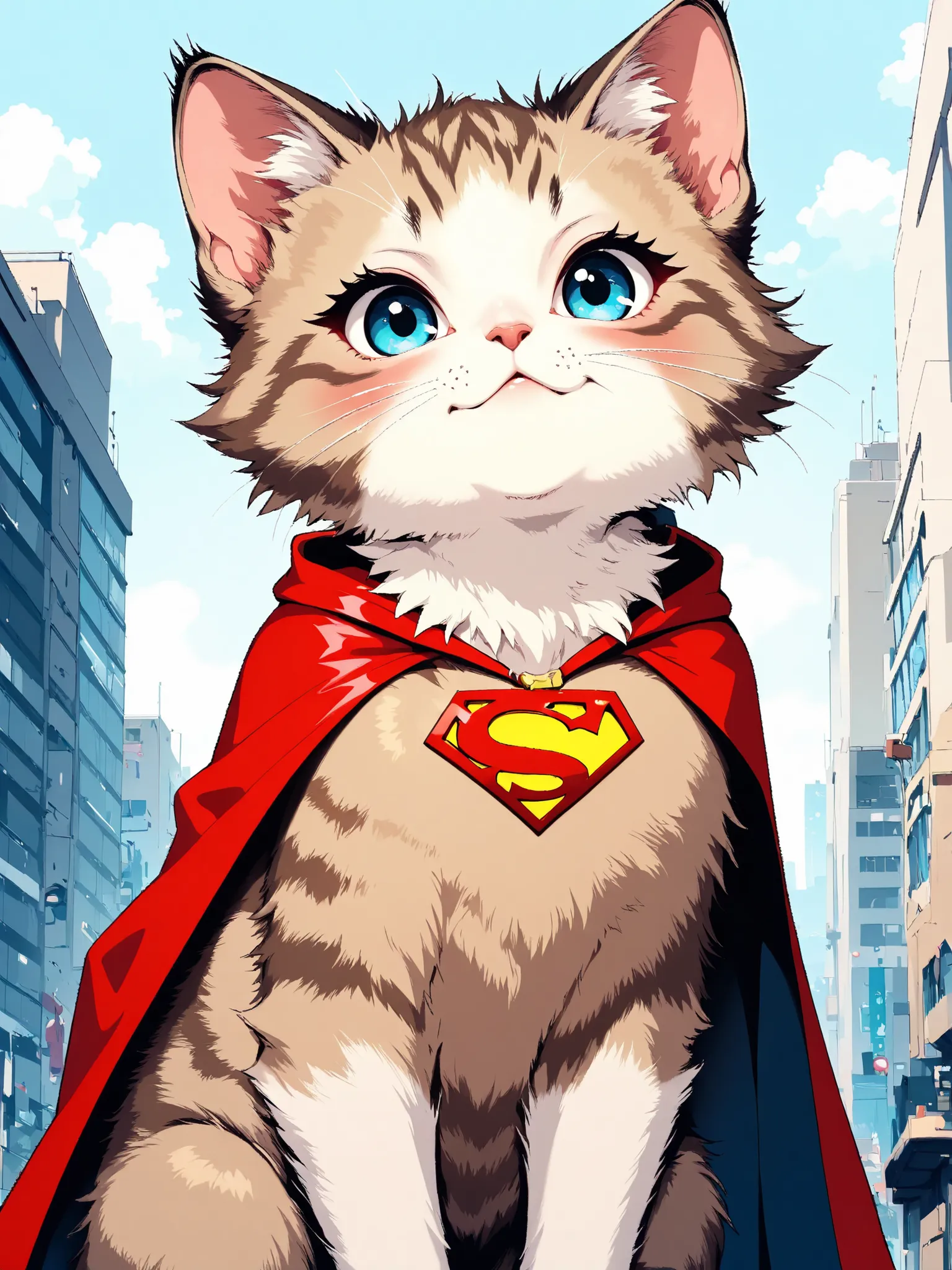 masterpiece, good quality, amazing quality, very aesthetic, anime, highres, absurdres, 16K resolution. | Kitten with fluffy brown fur, wearing superman cape, confidenct expression, at the top of a building . Miao_Kitten.