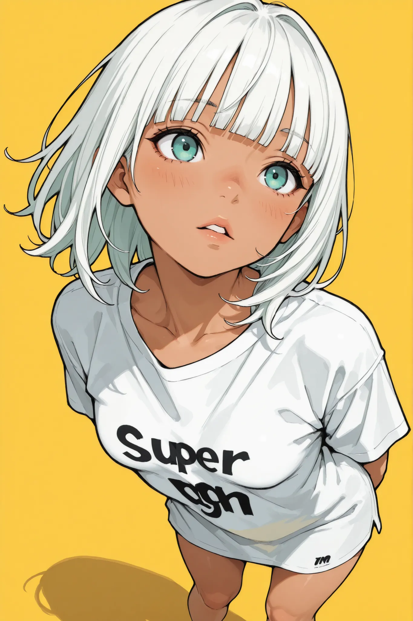 1 girl,Super Detailed,absolute resolution,(tanned skin:0.5),(dynamic angles),portrait,(pinup),standing,[[leaning forward]],arms behind back,,oversized white long T-shirt,,Bare Foot,detailed and beautiful hair and eyes,medium hair,((white hair)),blunt bangs...