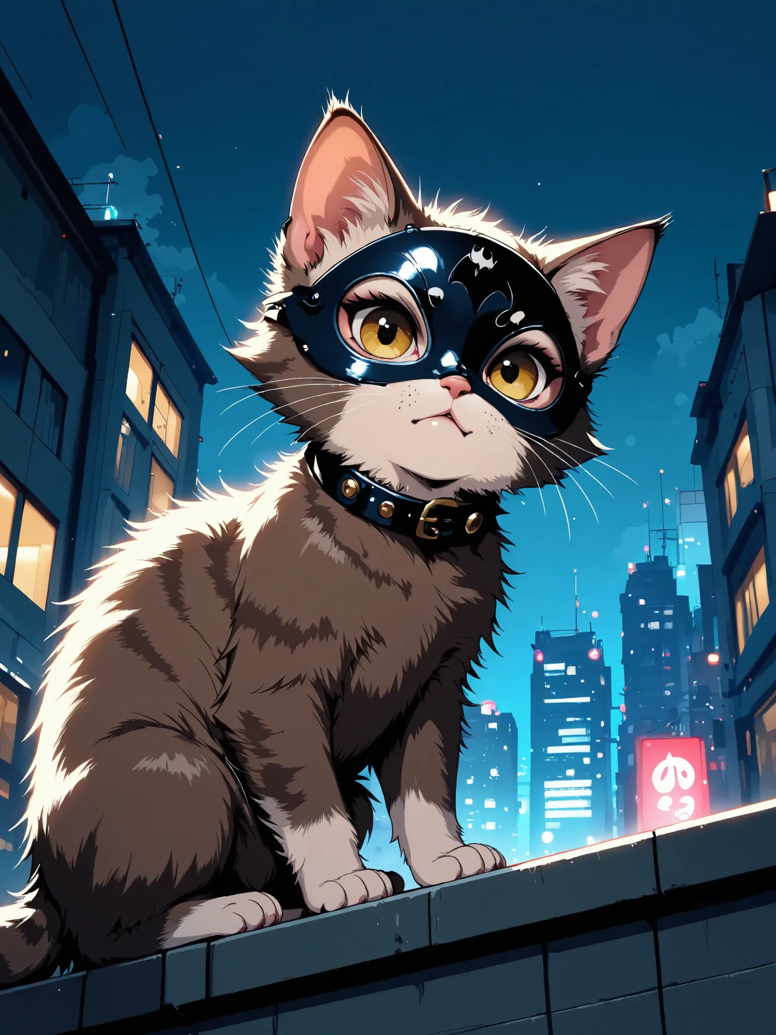 masterpiece, good quality, amazing quality, very aesthetic, anime, highres, absurdres, 16K resolution. | Kitten with fluffy brown fur, wearing batman mask, fierce expression, at the top of a building at night . Miao_Kitten.