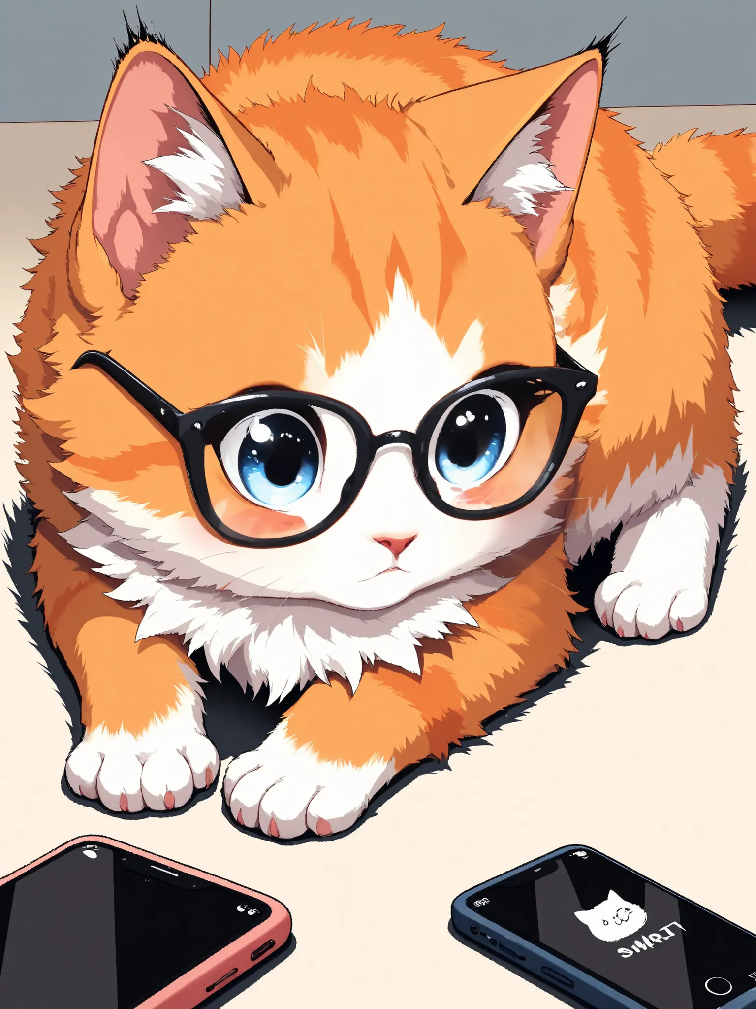 masterpiece, good quality, amazing quality, very aesthetic, anime, highres, absurdres, 16K resolution. | Kitten with fluffy orange fur, wearing glasses, scrolling a smart phone with a paw, smart phone in the floor, amazed expression. Miao_Kitten.