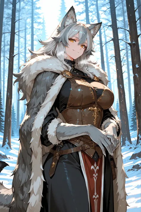 masterpiece, best quality, solo,solo, female, wolf girl, close up, grey fur on forearms, furred claws, muscular, wolf ears, wolf tail, long messy grey hair, two tone hair, golden eyes, medieval, traveler, large breasts, fur cloak, fantasy, snow, forest, fr...