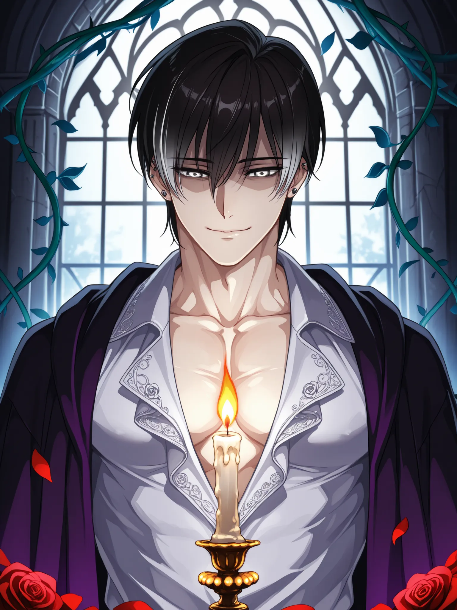 ((upper body)), ((short hair)), ((muscular male)), mature male, ((Handsome man)), late 20s, immaculate dark hair with silver streaks, piercing warm eyes that hint at danger, dressed in a dark open-collar shirt and a velvet robe embroidered with thorn vines...