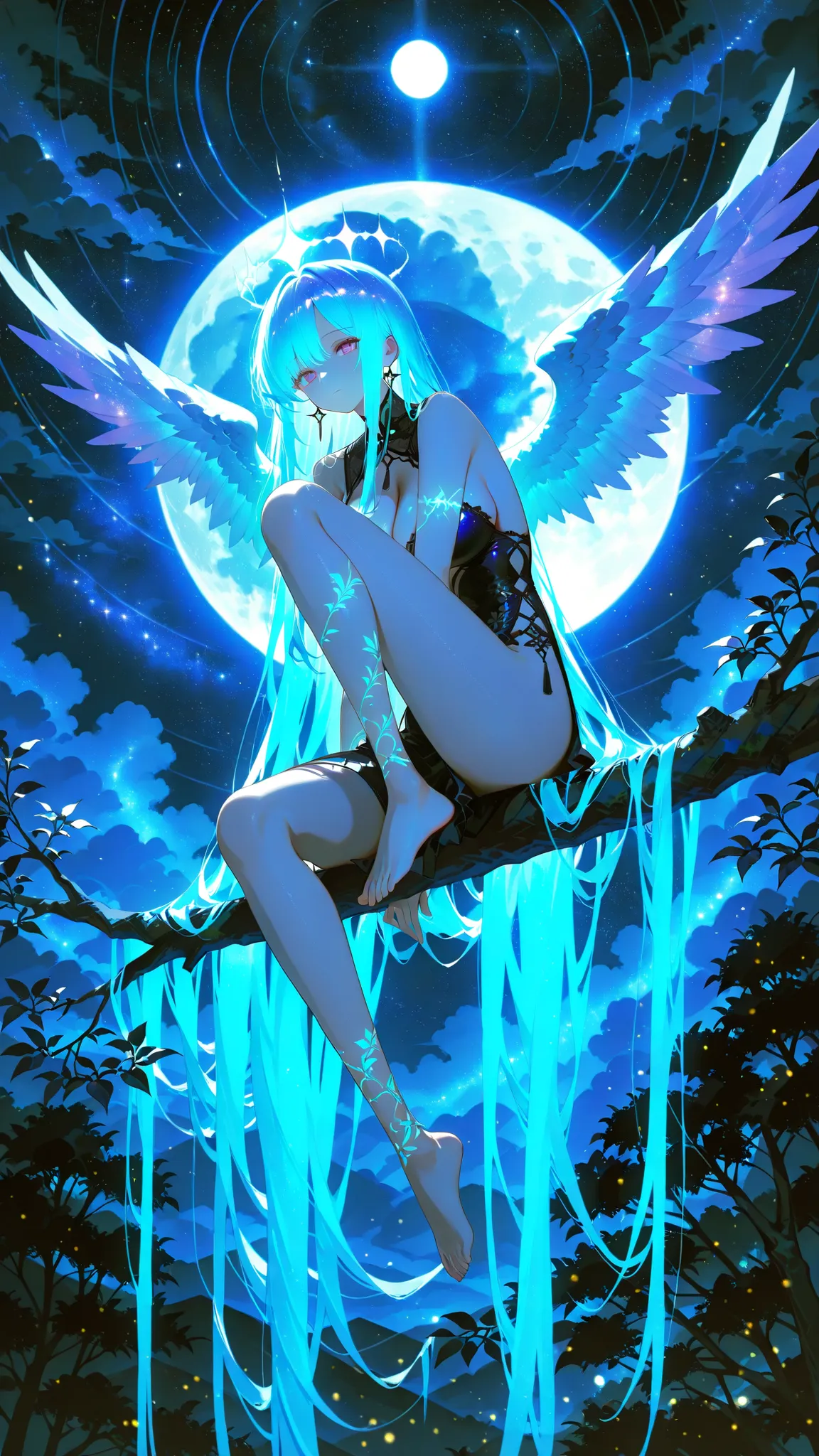 Refined Realistic Style（0.8）, Master Level,Extreme Details,Professional Post-Processing,Masterpiece,anime style（1.2）,best quality,high resolution,8K,Surrealism 1 Girl，Kpop idol，Very long hair，fluttering hair，glowing hair， Night view，Moon in the Sky，Purple，...