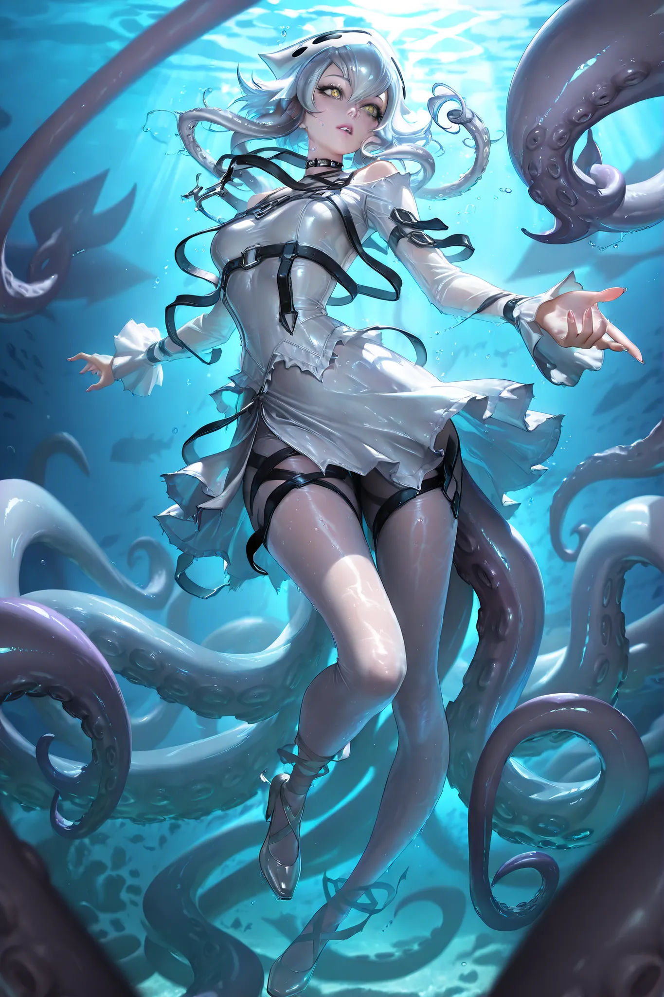 (masterpiece, detailed:1.2),(squid girl,scylla, monster girl, tentacles, suction cups,)(L0LSPL4SH,)(tangobat:0.7),(Sakimichan:0.7)(High CT quality,4k,High resolution,main piece:4.3),Very detailed,Realistic:1.37,Best quality,masterpiece, high resolution,on_...
