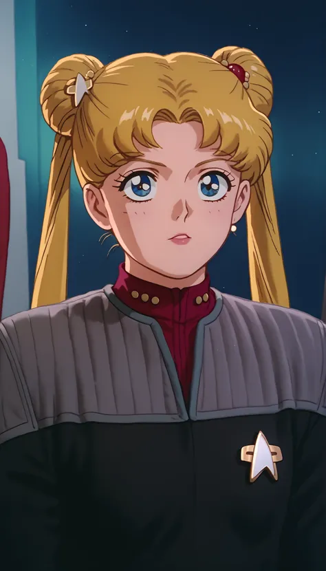 <lora:usagi-tsukino-s3-ponyxl-lora-nochekaiser:1>, usagi tsukino, blonde hair, blue eyes, double bun, hair bun, hair ornament, long hair, twintails, circlet, parted bangs, ds9st,black and grey star trek uniform,grey shoulders,,red neck,