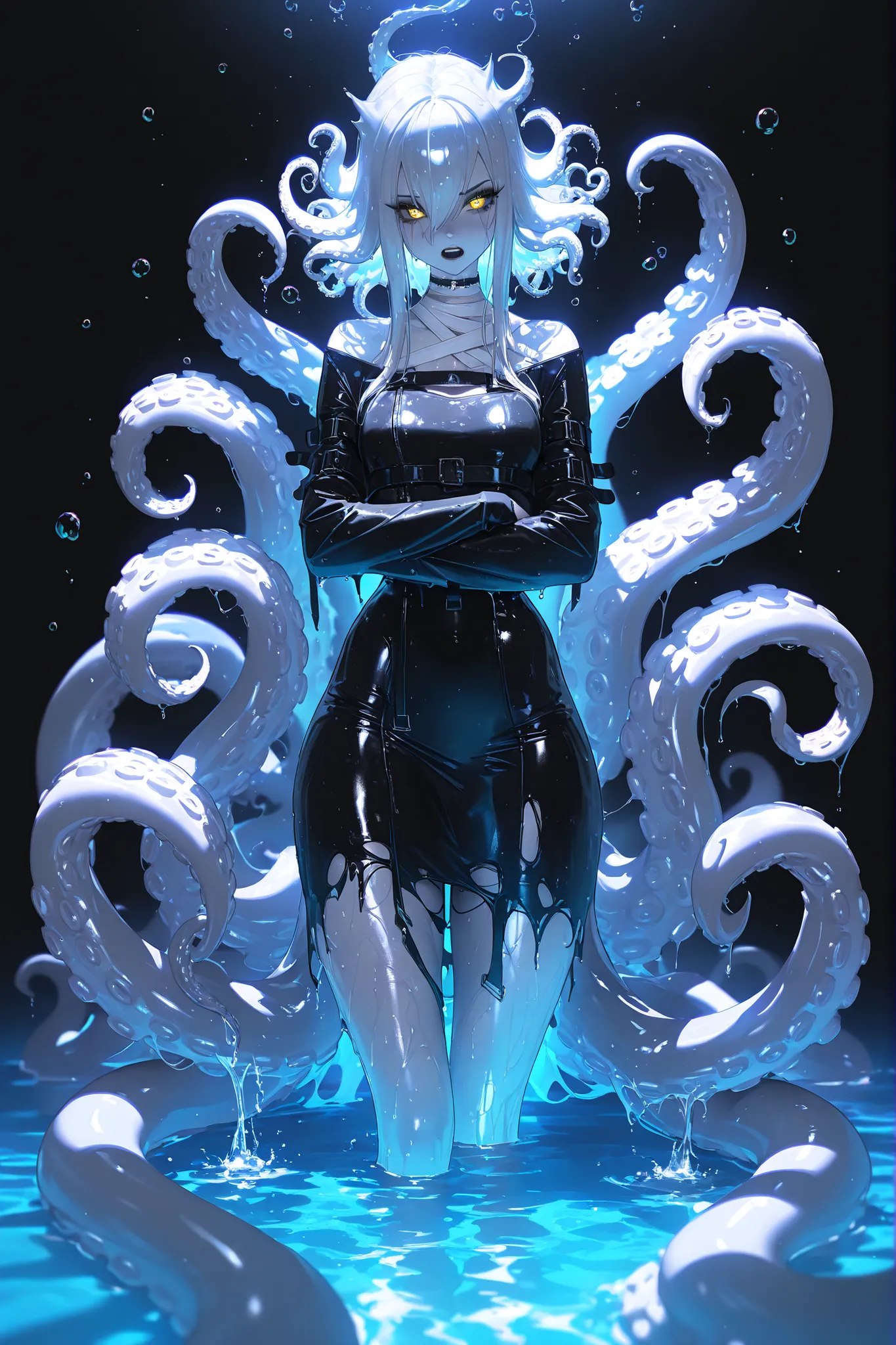 (masterpiece, detailed:1.2),(squid girl,scylla, monster girl, tentacles, suction cups,)(tangobat:0.7),(Sakimichan:0.7)(High CT quality,4k,High resolution,main piece:4.3),Very detailed,Realistic:1.37,Best quality,masterpiece, high resolution,on_body, Tyndal...