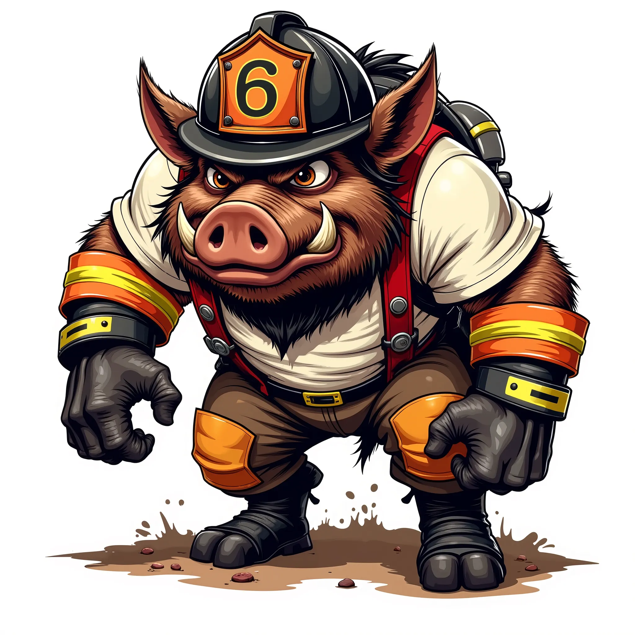 Vector Style , ((comic art)) , (cartoon style) a 5 , "Vector Style , ((comic art)) , (cartoon style) a 5 , Vector-style, A flat, cell-shaded vector art logo for a gritty firefighting team  featuring a weathered, rough and tough growling wild Boar with a wi...