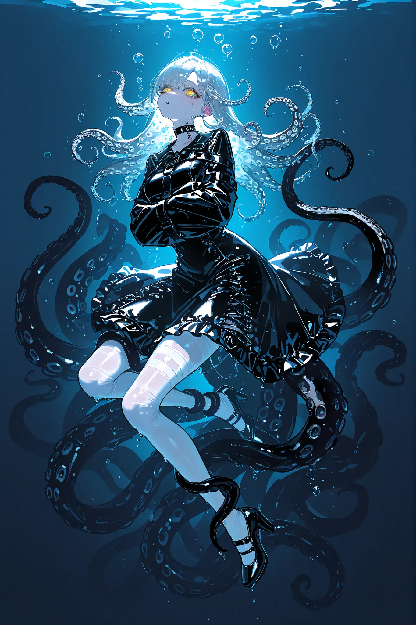 Monster girl octopus or a kraken. She has jet-black ,wet, glossy skin. she has a grills on her neck. She has four yellow eyes with a horizontal pupil. She has longest jet-black octopus  tentacle hairstyle, tentacles of her hair are wriggling in the water. ...