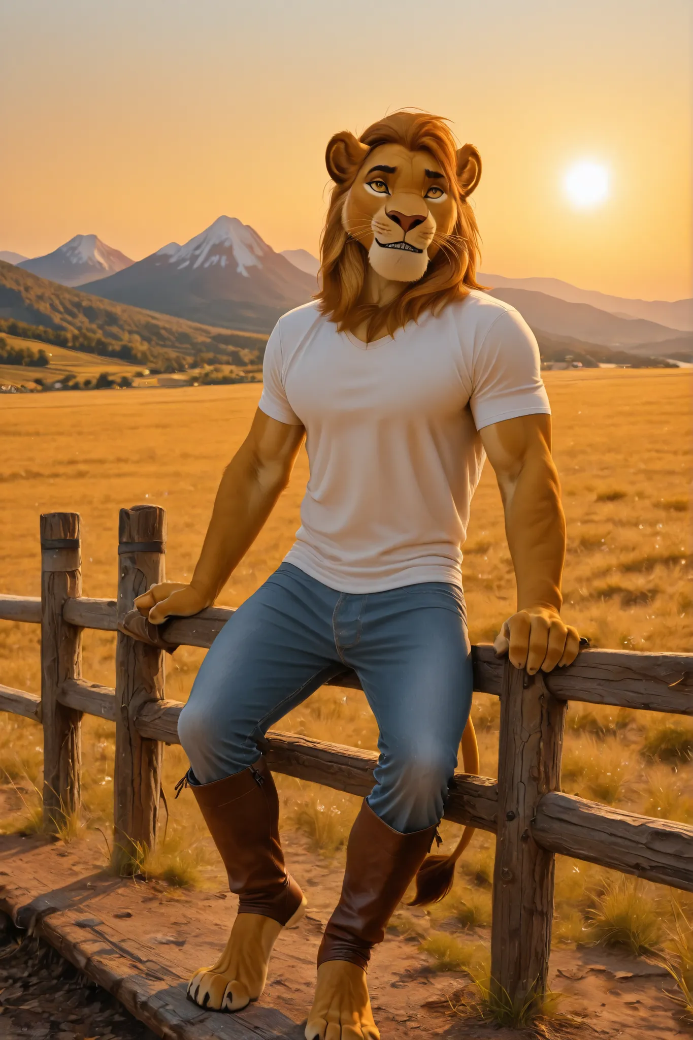 furry, anthro, male, k10n, lion, cowboy, barefoot, dynamic abstract background, high quality, RAW photo, ultra highres, handsome cowboy leaning against wooden fence, tight white t-shirt, strong arms, confident smirk, defined jawline, leather boots, mountai...