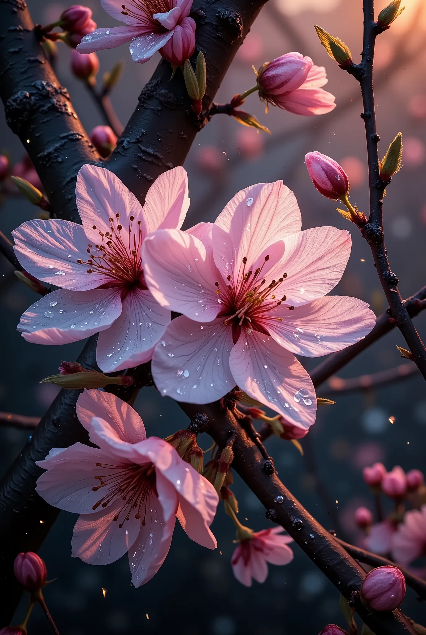 A macro art of microscopic image of a Sakura flower. Simple black background. Blooming Sakura flowers with droplets of water
