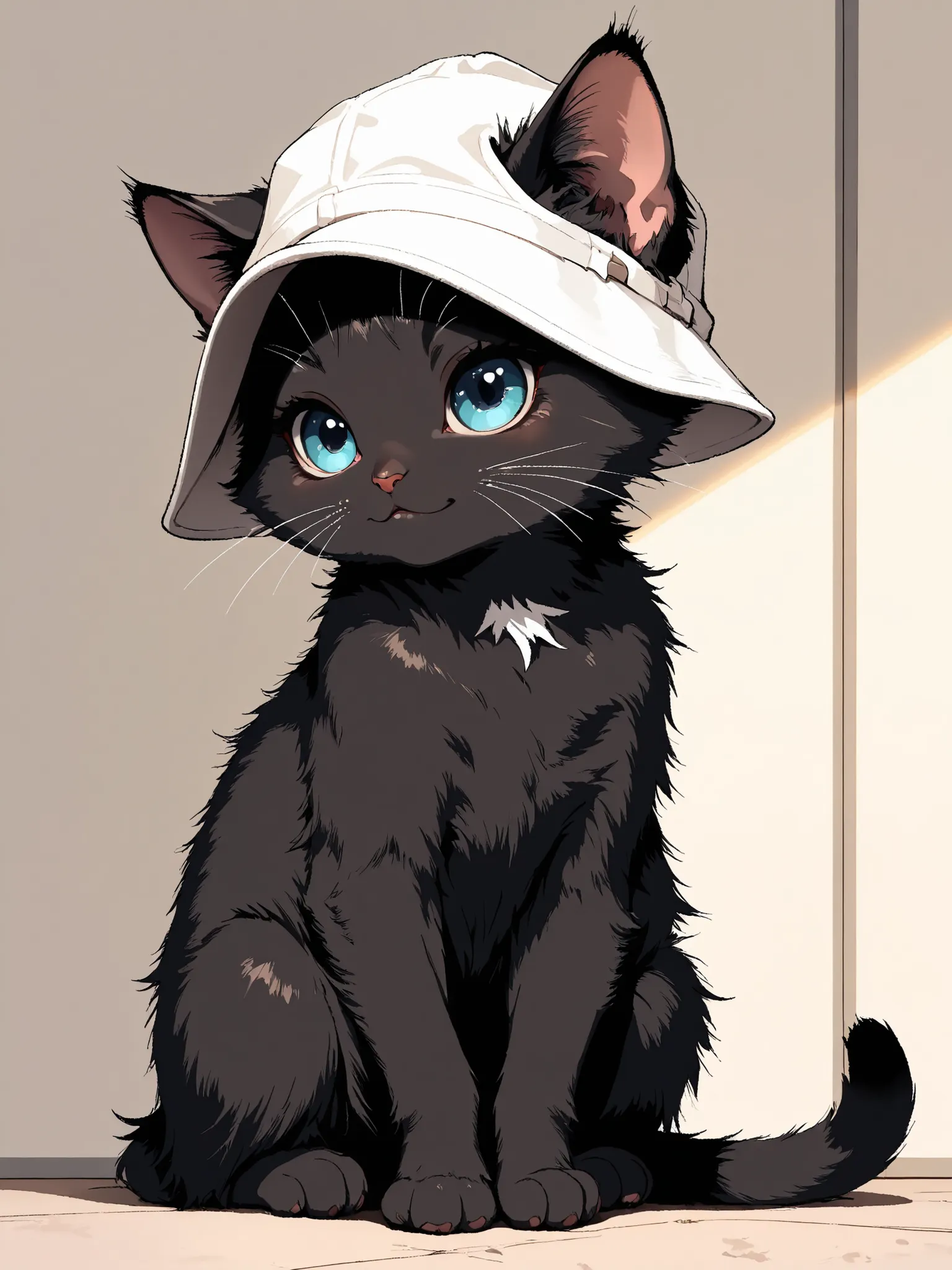 masterpiece, good quality, amazing quality, very aesthetic, anime, highres, absurdres, 16K resolution. | Kitten with fluffy black fur, sitting upright and looking forward with a calm and friendly expression. The kitten wears a simple white cap slightly til...
