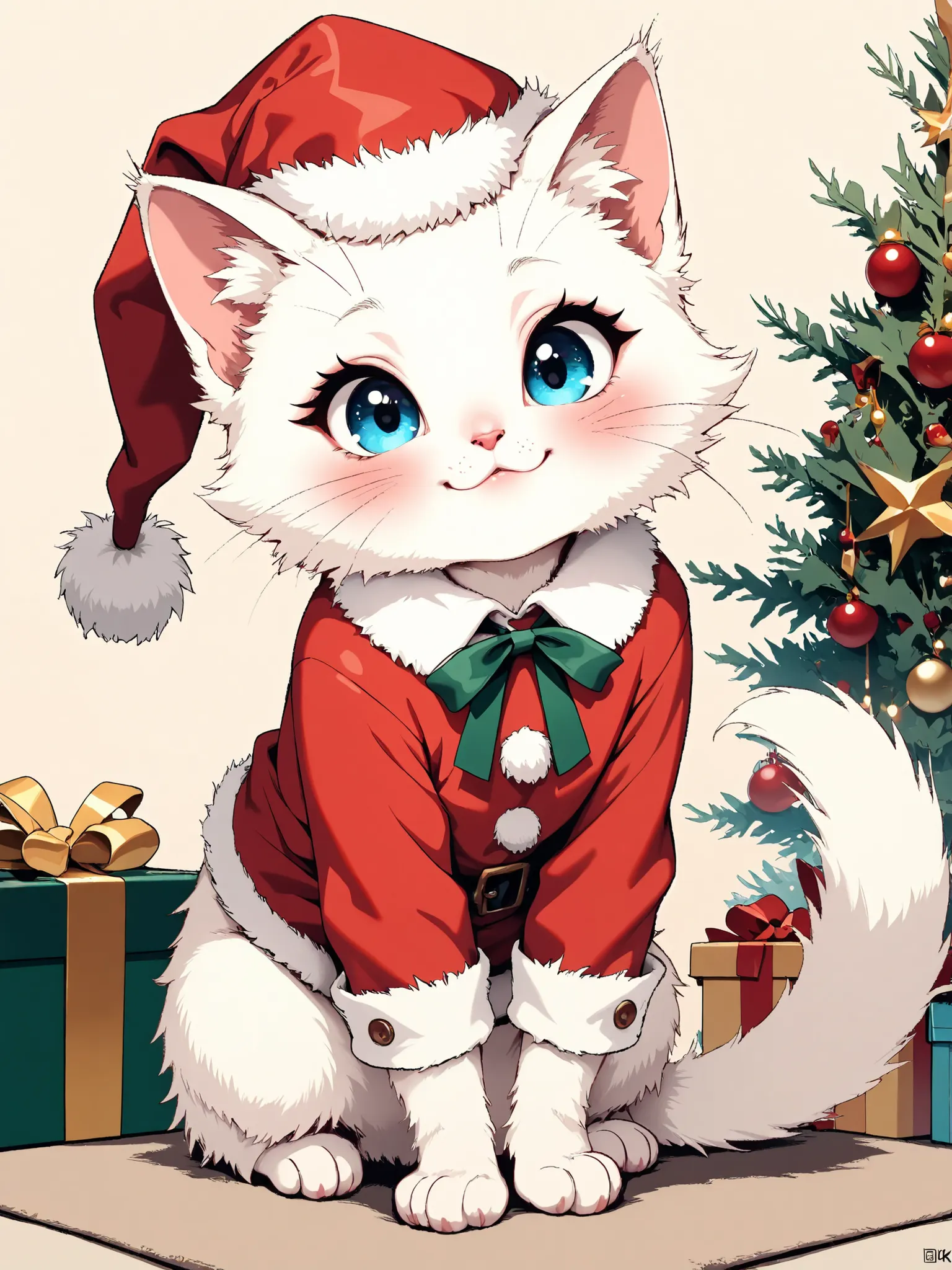 masterpiece, good quality, amazing quality, very aesthetic, anime, highres, absurdres, 16K resolution. | Kitten with fluffy white fur, wearing santa costume for kitten, cheerful expression above gift box. Miao_Kitten.