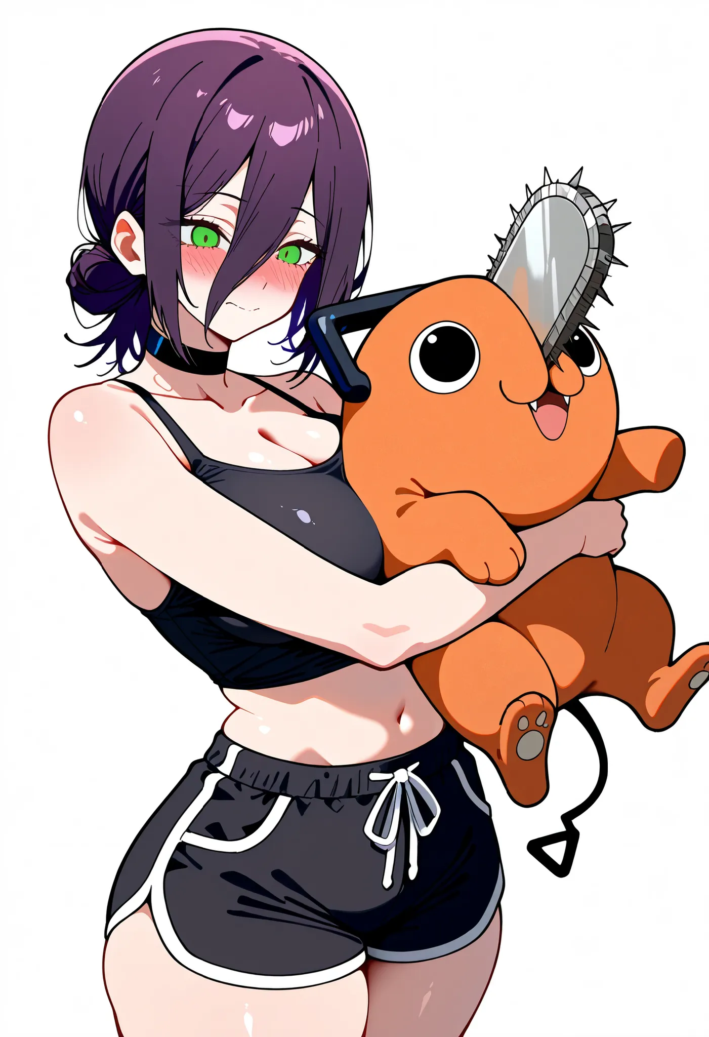 1girl, pochita \(chainsaw man\), chainsaw man, 1girl, reze \(chainsaw man\), chainsaw man, (Sh1r3n:1.2), csmrz,, medium hair, purple hair, green eyes, hair bun, black choker, 1girl, a girl posing, posing against a white background,, white background, stand...