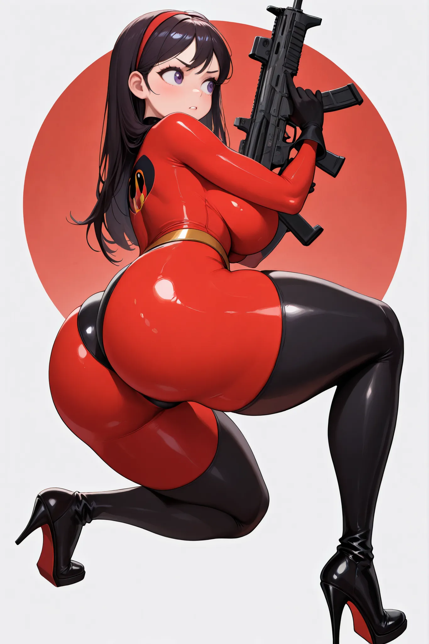 masterpiece, best quality, absurdres, highres, newest, 1girl, solo,  nikkecrouching, full body, one knee, looking to the side, assault rifle, trigger discipline, violet parr, incredibles outfit, black high cut panty briefs, red bodysuit leggings, big round...