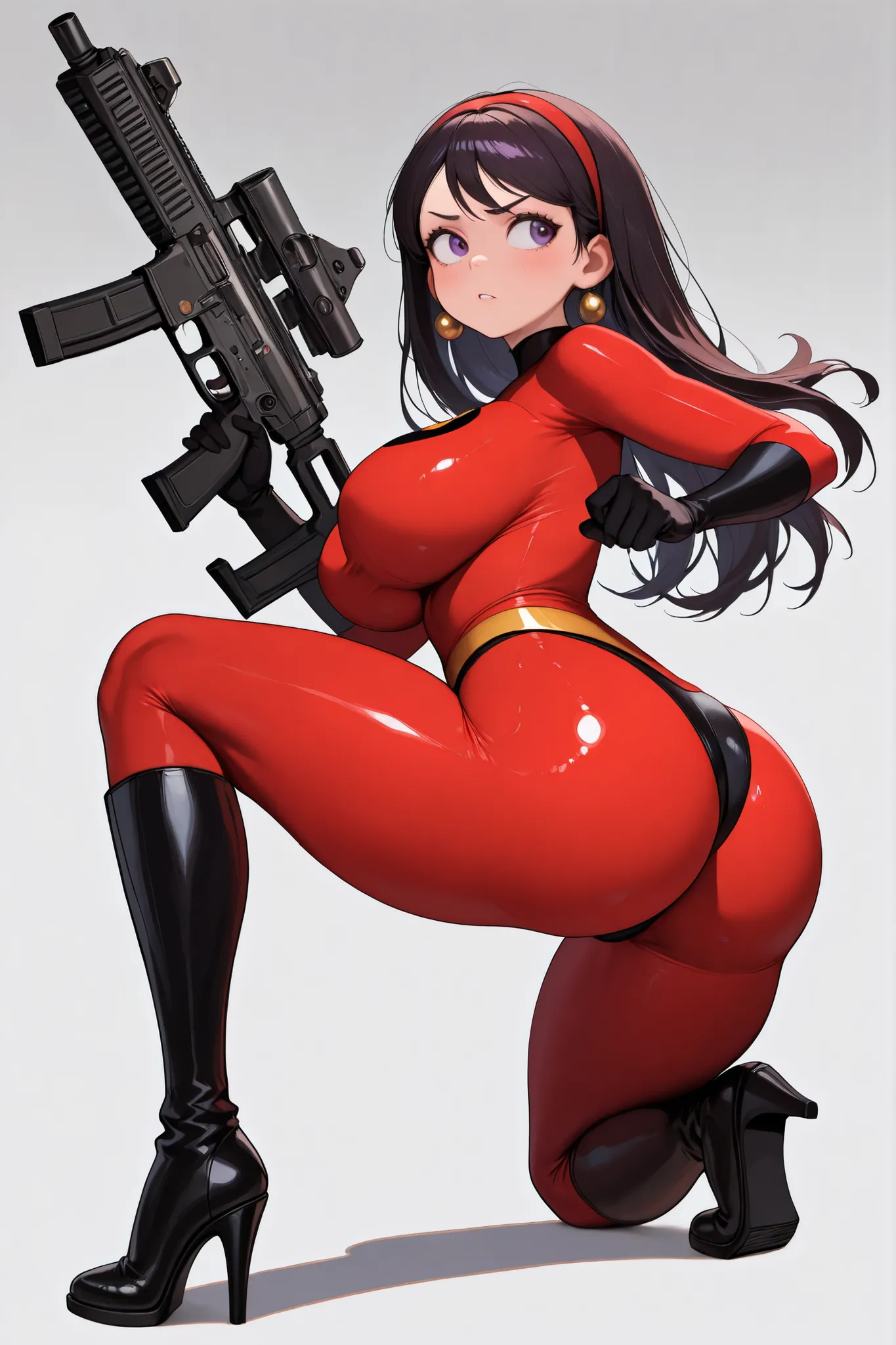 masterpiece, best quality, absurdres, highres, newest, 1girl, solo,  nikkecrouching, full body, one knee, looking to the side, assault rifle, trigger discipline, violet parr, incredibles outfit, black high cut panty briefs, red bodysuit leggings, big round...