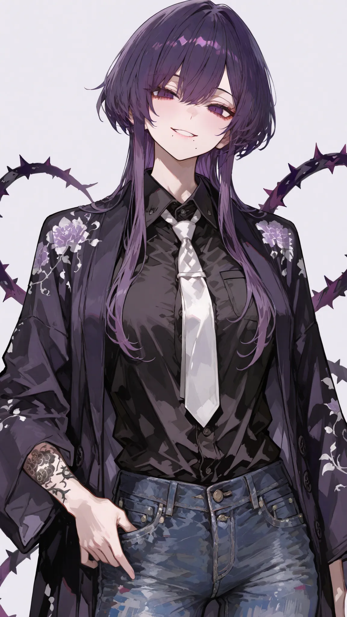 girl,Black Purple Hair ,long hair,good figure,slim,Murderer,Floating Thorns Full Sleeve,smile,In dark purple eyes ,jeans,over black kimono coat,White tie,tomboy,Poisonous,Buttoned Shirt,milf, Arm Tattoos,Yakuza,gray background,Black Lining Shirt,black tatt...