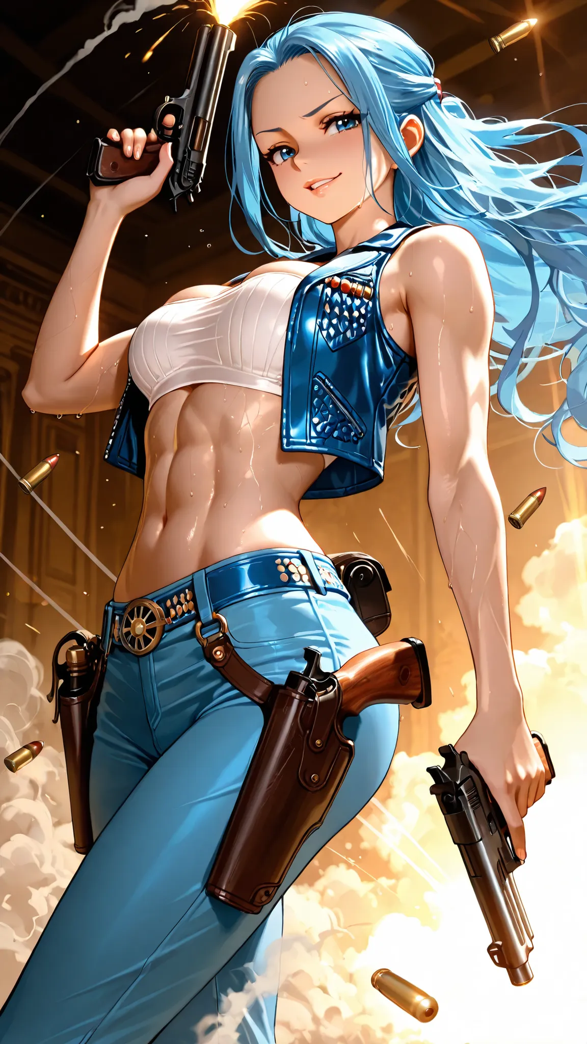 masterpiece, ultra detailed, best quality, 1girl, Nefertari Vivi, seductive cowgirl, blue leather vest, white bandeau top, gun holsters, dual wielding revolvers, walking gunslinger pose, bullet time effect, slow motion action, flying bullets with motion tr...