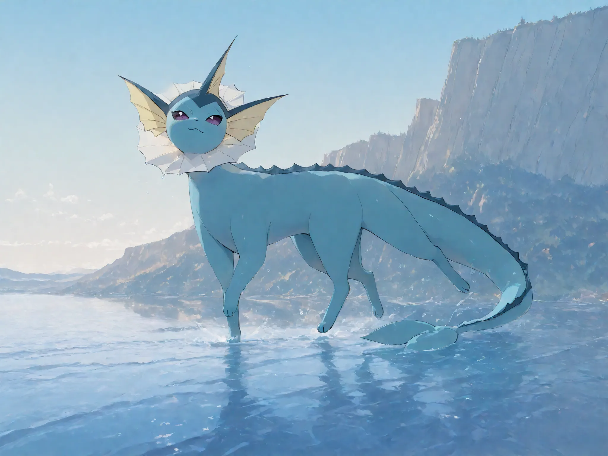 ((Vaporeon)), ((pokemon)), ((water-type)), ((main-color=blue)), ((Landscape-Background)), ((2D-HIGH-QUALTIY)), ((beautiful-landscape))