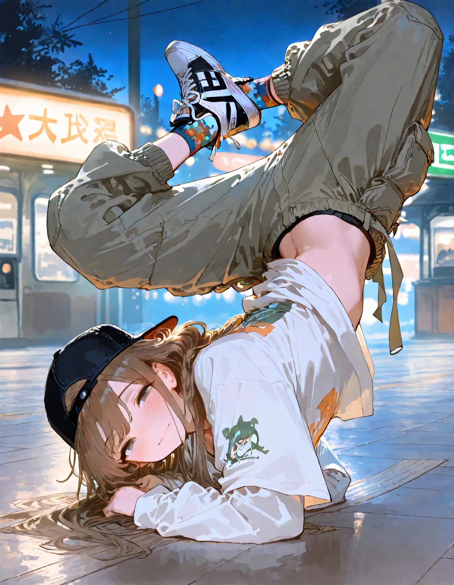(In 8K, Best Quality, Master Piece:1.2),Ultra High Resolution,1 girl,yungdancer,solo,ultra-detailed face,detailed eyes,brown hair,long hair,breakdance,light smile,blush,looking at viewer,backwards hat,oversized plain t-shirt,cargo pants,long sleeves,patter...