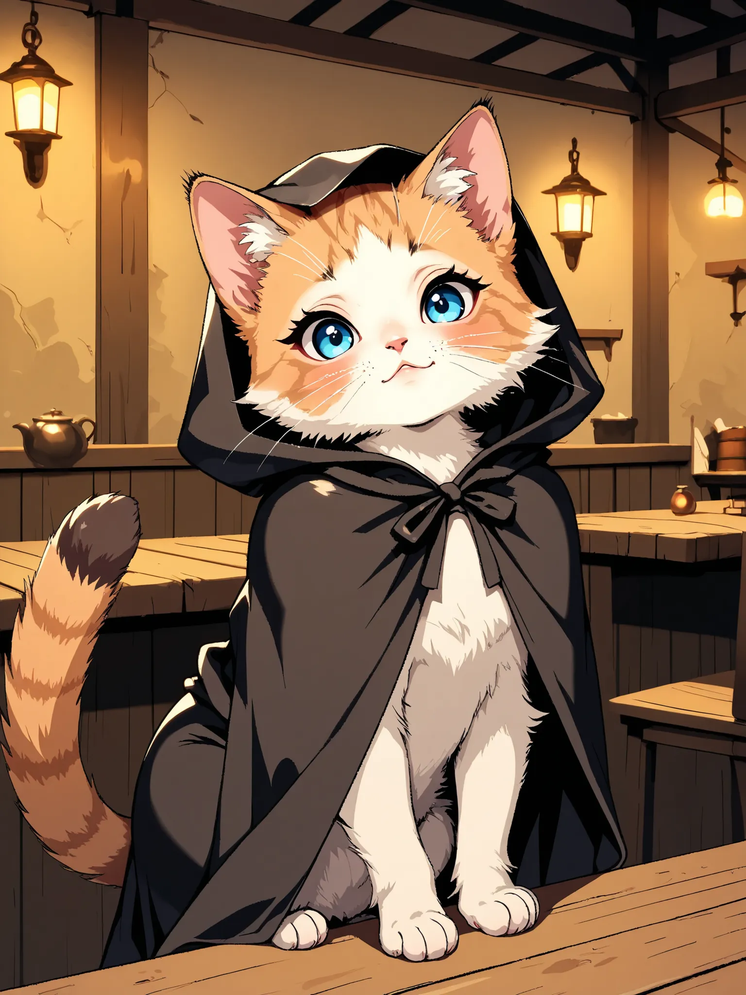 masterpiece, good quality, amazing quality, very aesthetic, anime, highres, absurdres, 16K resolution. | Kitten with fluffy tabby fur, wearing assassin cloak, suspicious expression, tavern table. Miao_Kitten.