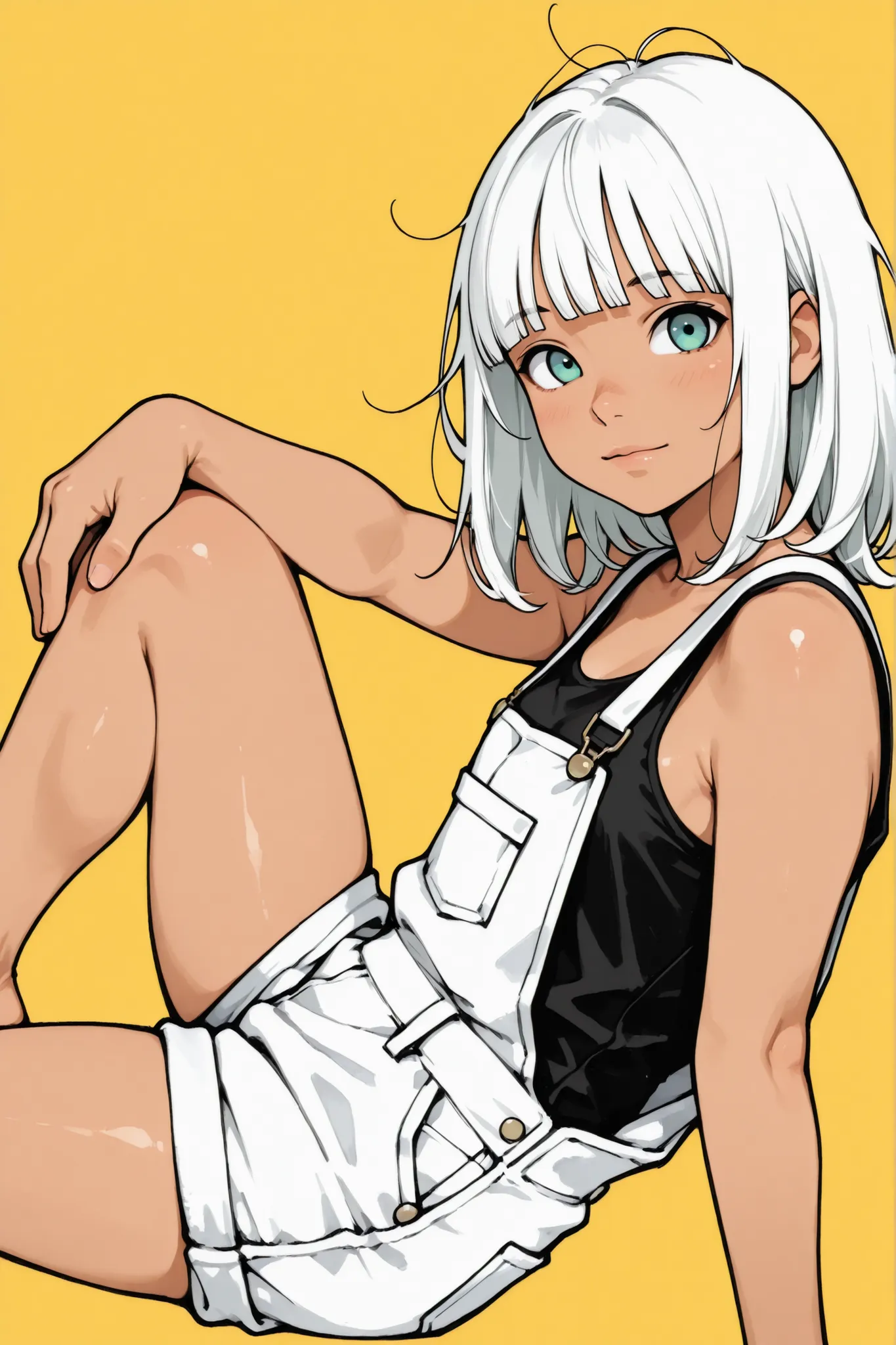 1 girl,Super Detailed,absolute resolution,(tanned skin:0.5),(dynamic angles),,portrait,(pinup),from side,sitting,(leaning back),knee up,hand on own knee,arm support,black tank top,white denim overall shorts,Bare Foot,detailed and beautiful hair and eyes,me...