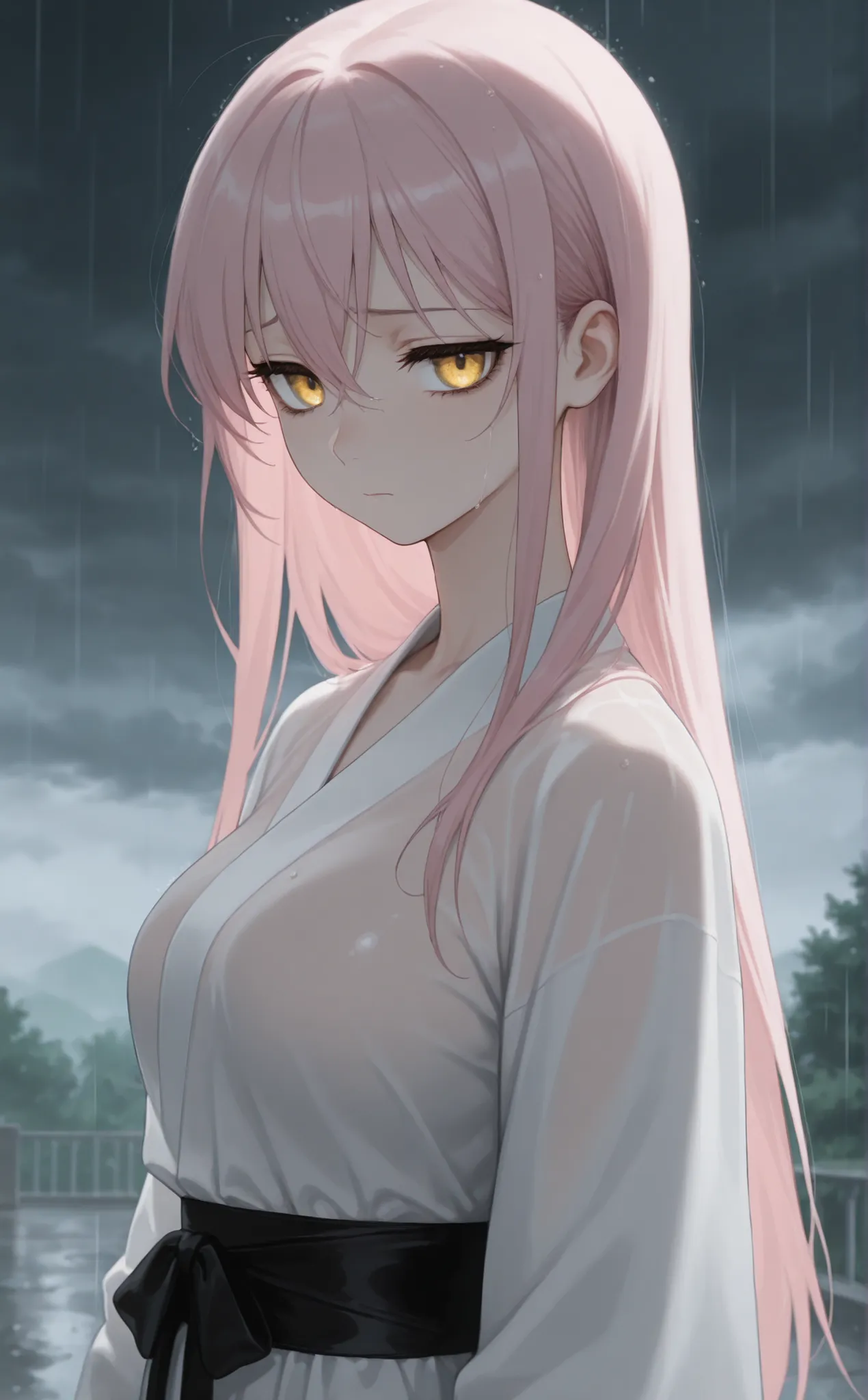 masterpiece, newest, Best Resolution, HD Quality, good lighting, safe. beautiful, adult, anime, good anatomy, .  Pale pink hair , Hair below the shoulders. Golden-yellow eyes,  sad. dark eyelashes, piel clara, slim build, Medium Breasts Size D. She is 24 y...