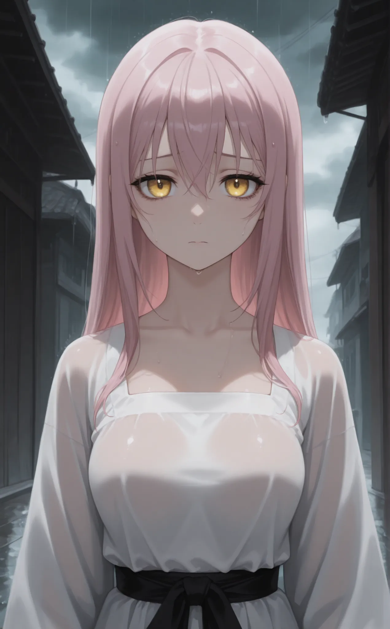 masterpiece, newest, Best Resolution, HD Quality, good lighting, safe. beautiful, adult, anime, good anatomy, .  Pale pink hair , Hair below the shoulders. Golden-yellow eyes,  sad. dark eyelashes, piel clara, slim build, Medium Breasts Size D. She is 24 y...