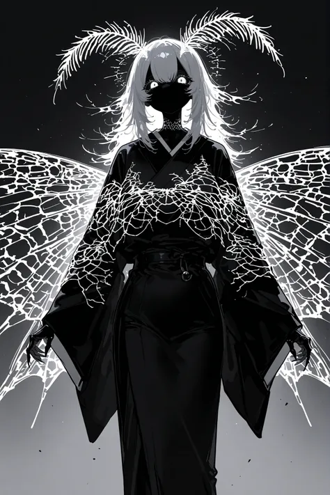  Female moth monster girl. She has black darkest skin. Black sclera, white eyes. She has straight gray metallic hair. She has fluffy moth antennas on her head. She is wearing a black mourning kimono. She has two large jet-black moth wings on her back.
In t...