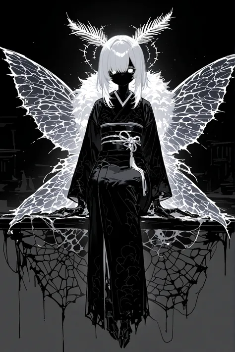  Female moth monster girl. She has black darkest skin. Black sclera, white eyes. She has straight gray metallic hair. She has fluffy moth antennas on her head. She is wearing a black mourning kimono. She has two large jet-black moth wings on her back.
In t...