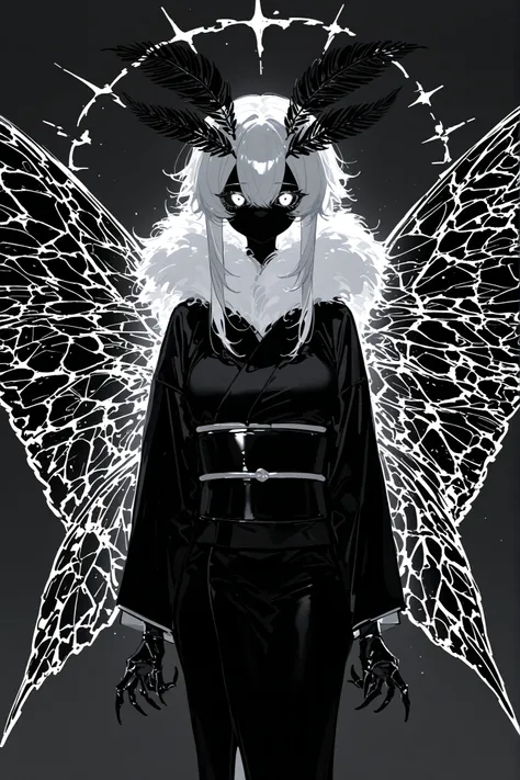  Female moth monster girl. She has black darkest skin. Black sclera, white eyes. She has straight gray metallic hair. She has fluffy moth antennas on her head. She is wearing a black mourning kimono. She has two large jet-black moth wings on her back.
In t...